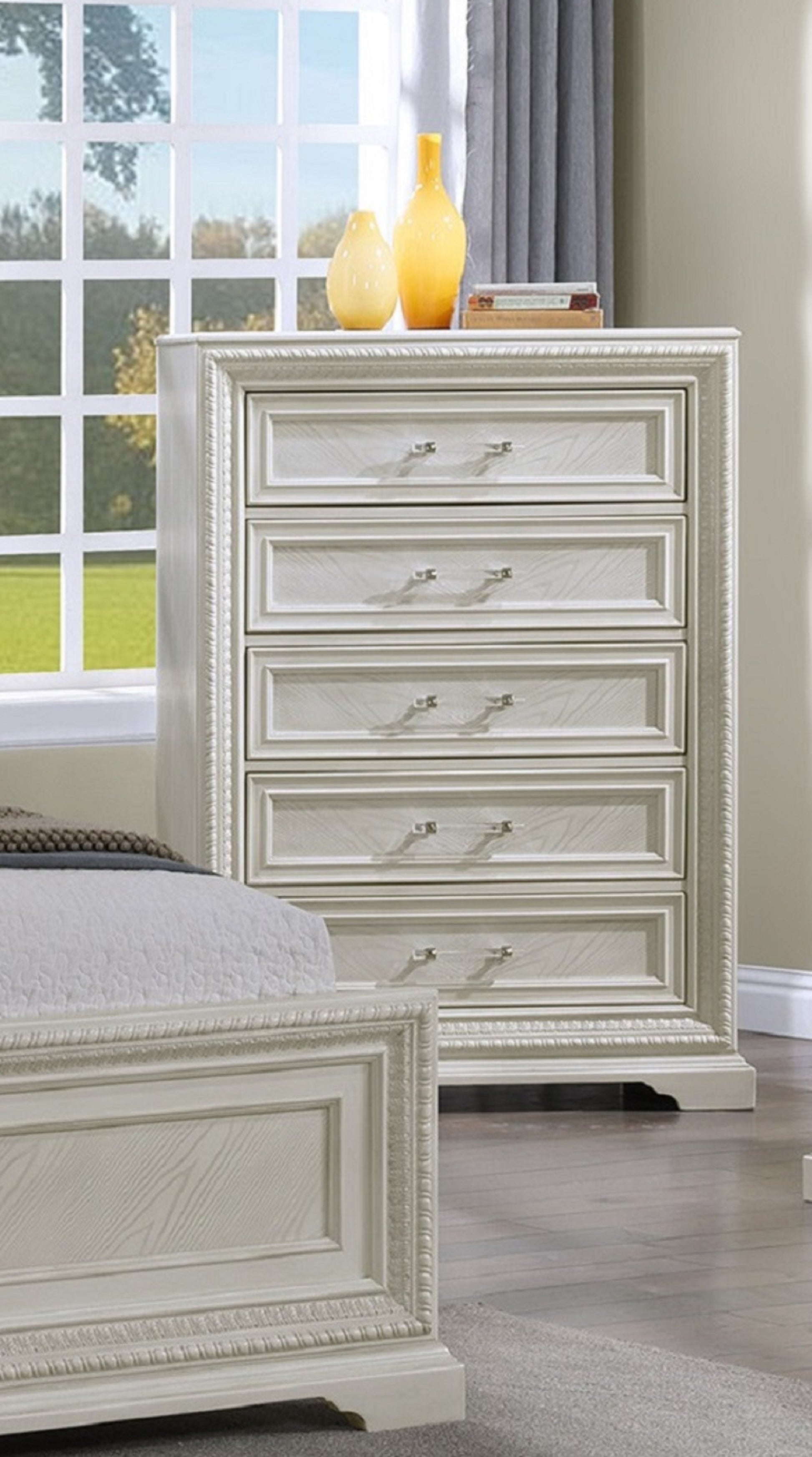 Beautiful Transitional Style 1Pc 5 Drawer Chest Storage Drawers White Cream Finish Wooden Home Bedroom Furniture Cream White Bedroom Transitional Wood