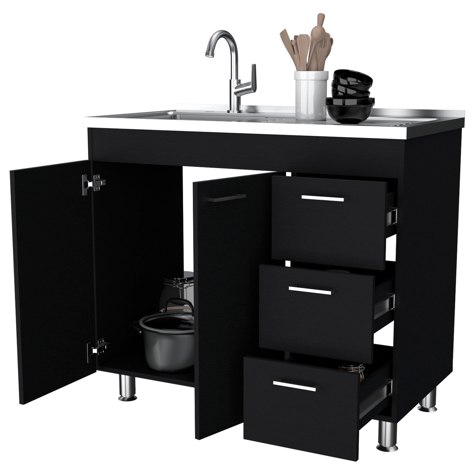 Black 2 Door 3 Drawer Kitchen Cabinet Black Primary Living Space Melamine