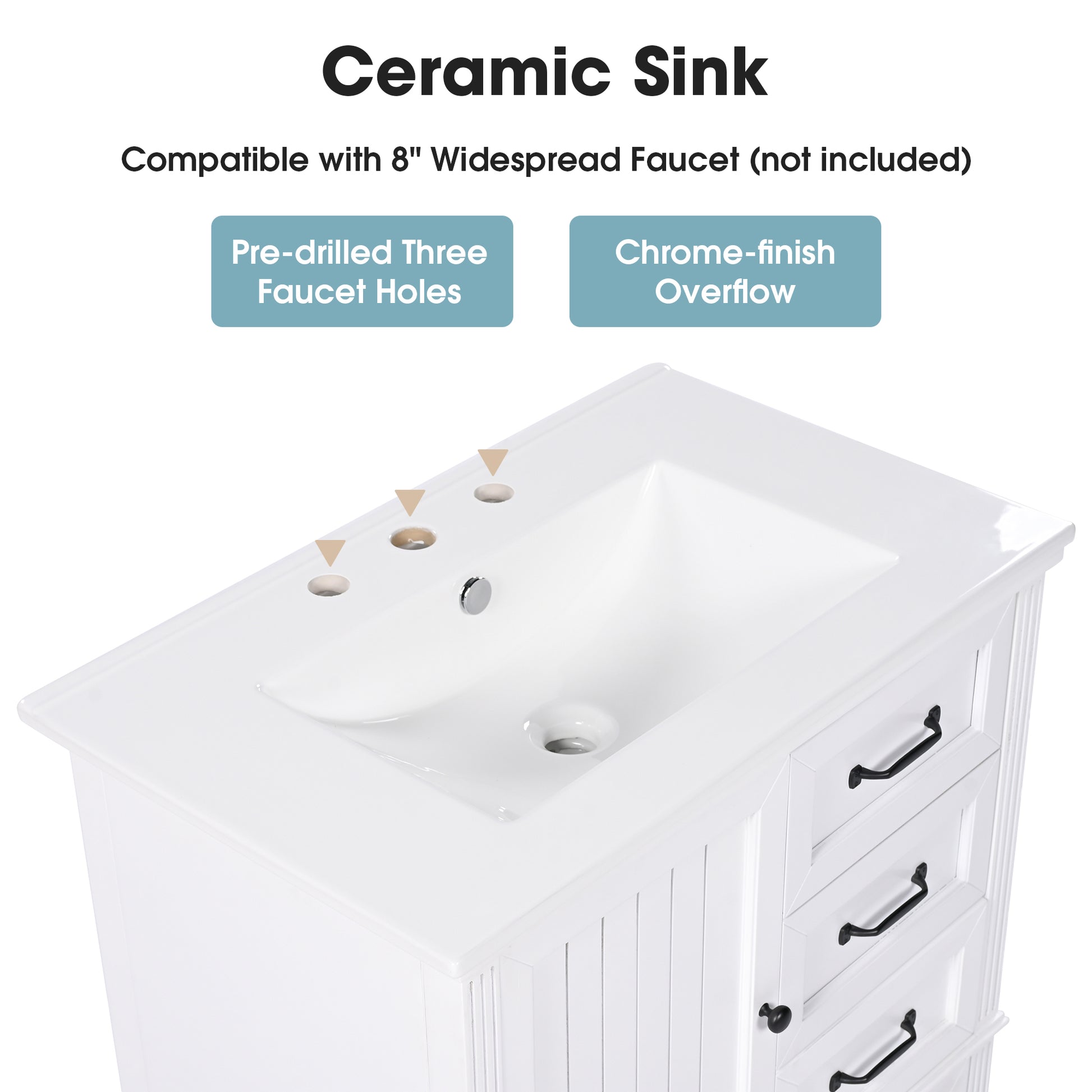 30" Bathroom Vanity With Sink, Bathroom Cabinet With A Door, Three Drawers, Solid Wood Legs & Mdf Board, Adiustable Foot Pads, White White Mdf