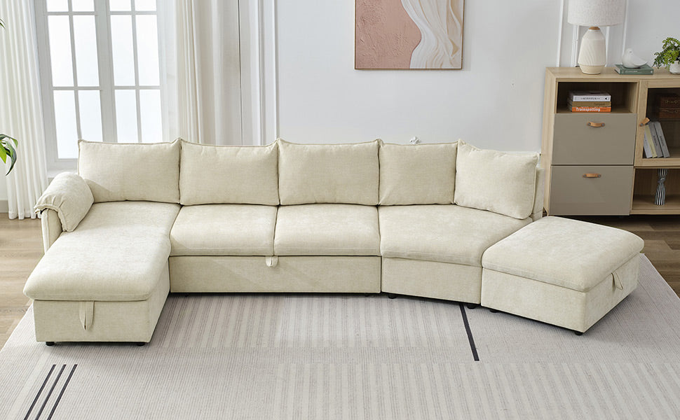 146.9" L Shaped Sofa Sectional Sofa Couch Pull Out Sofa Bed With A Movable Storage Ottoman, A Storage Chaise Lounge And Two Usb Ports For Living Room, Beige Beige Foam Linen 5 Seat