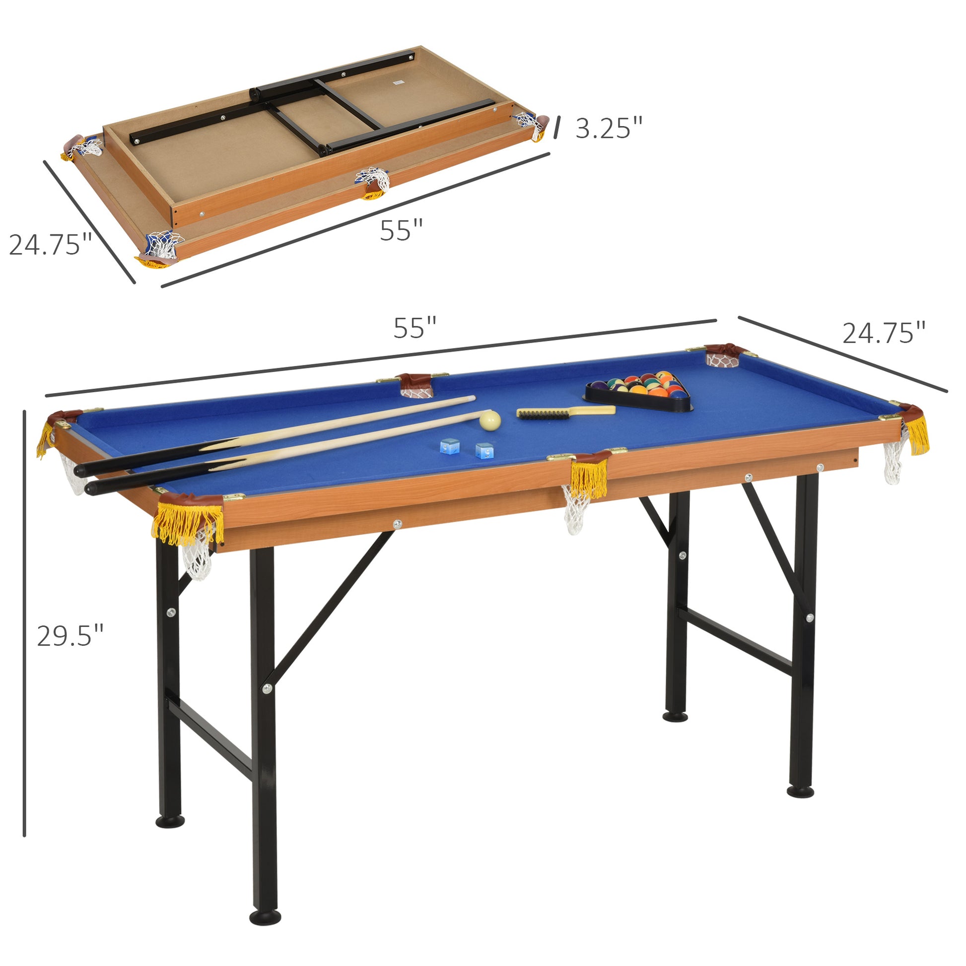 Soozier 55" Portable Folding Billiards Table Game Pool Table For Whole Family Number Use With Cues, Ball, Rack, Chalk, Blue Blue Mdf Steel