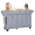 Kitchen Island With Rubber Wood Countertop, Kitchen Cart On 5 Wheels With Storage Cabinet And 2 Top Drawers And A Center Double Layered Storage Drawer For Dinning Room, Grey Grey Dining Room Rectangular Rubberwood Solid Wood Mdf Large 56 In