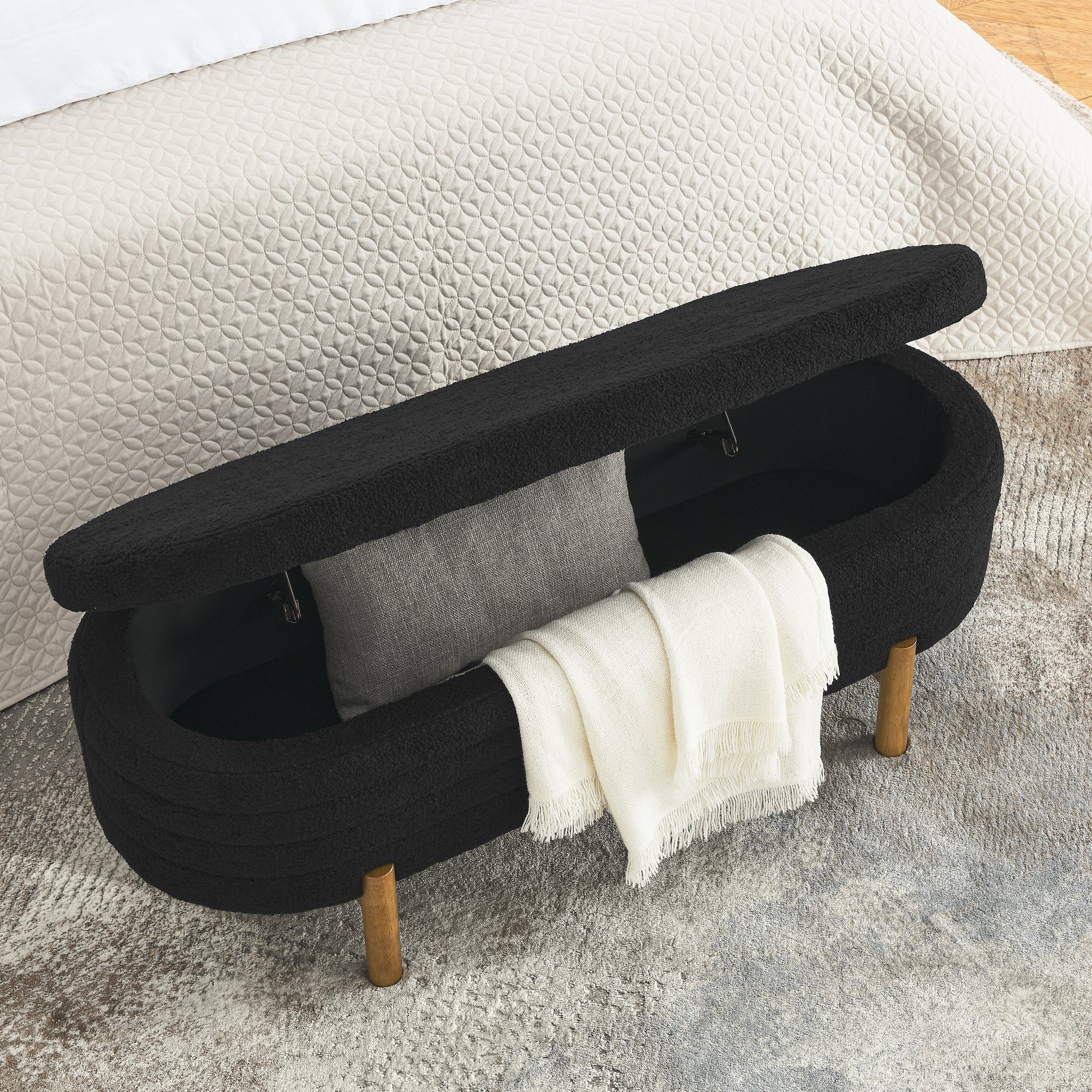 Ottoman Oval Storage Bench,Rubber Wood Leg,Black 46."X17.7"X10.8" Black Foam