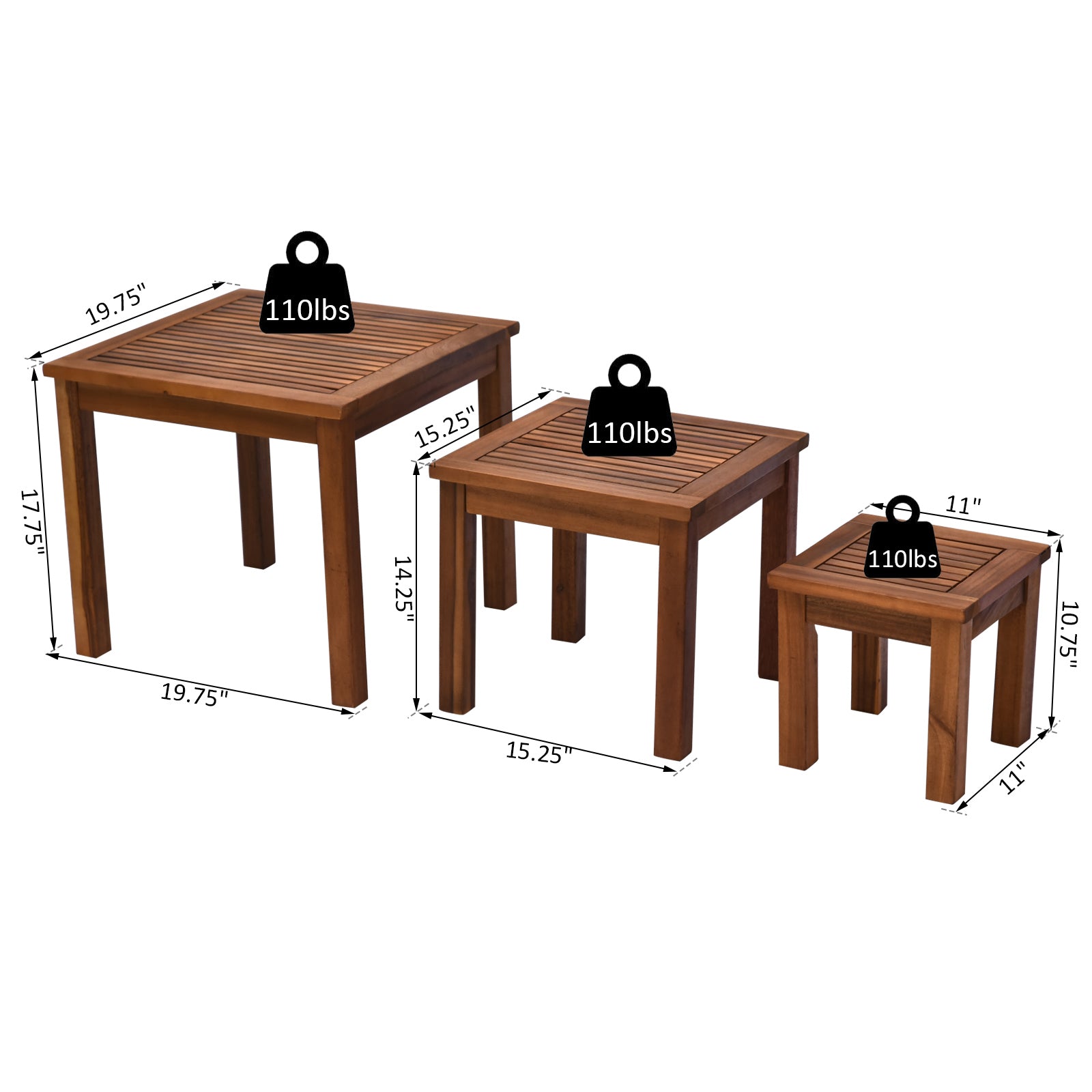 Outsunny 3 Piece Outdoor Side Nesting Table Patio Set With Acacia Wood Build & Multi Functional Design Teak Metal