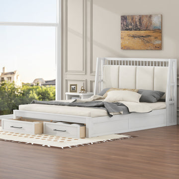 Queen Size Wood Platform Bed With Upholstered Headboard And 2 Drawers, Antique White Box Spring Not Required Queen White Wood Bed Frame Solid Wood Mdf