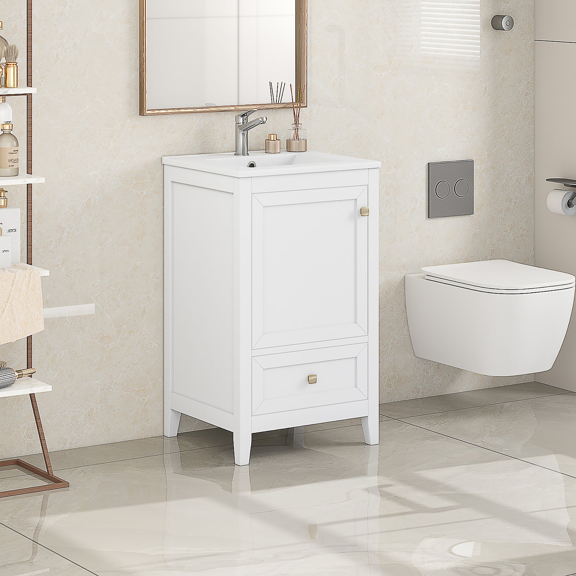 20" Bathroom Vanity With Sink, Bathroom Cabinet With Soft Closing Door, Storage Rack And A Drawer, White White Mdf