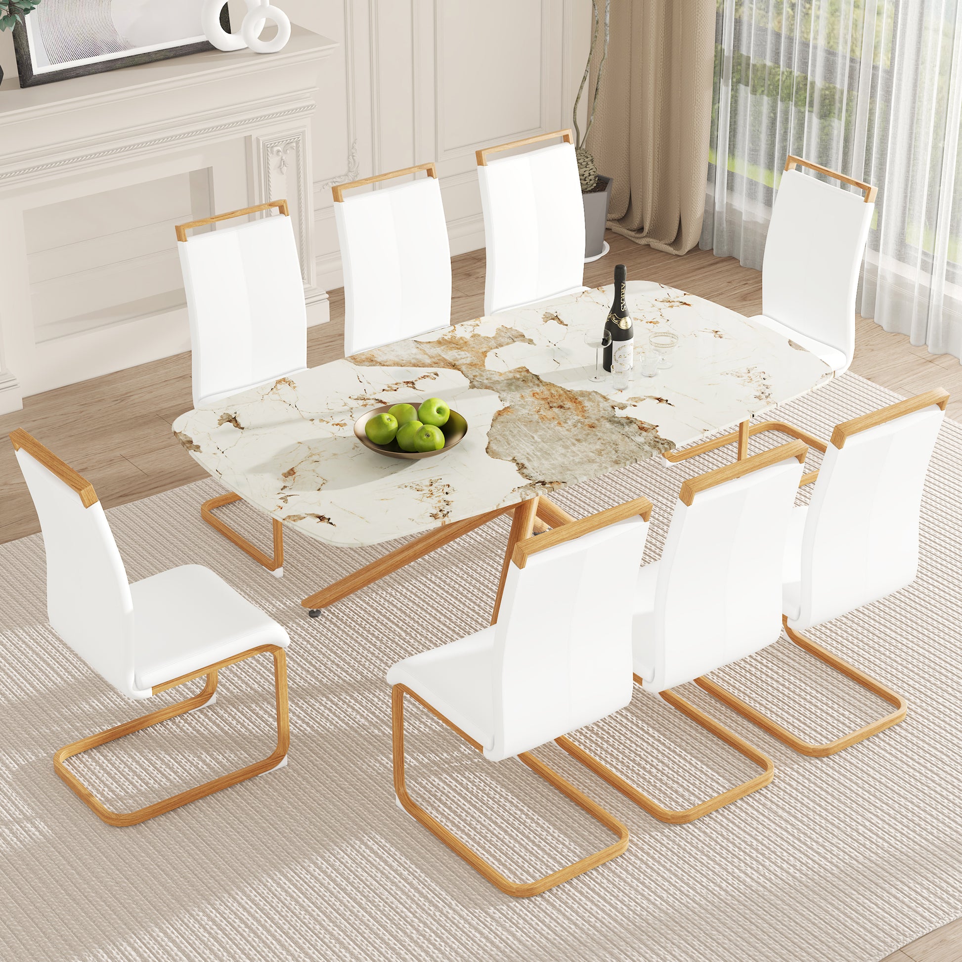 Table And Chair Set, Large Modern Minimalist Rectangular Dining Table, 0.39 Inch Imitation Marble Countertop, Wood Metal Table Legs, Comfortable And Soft Seats. Wood Glass Metal