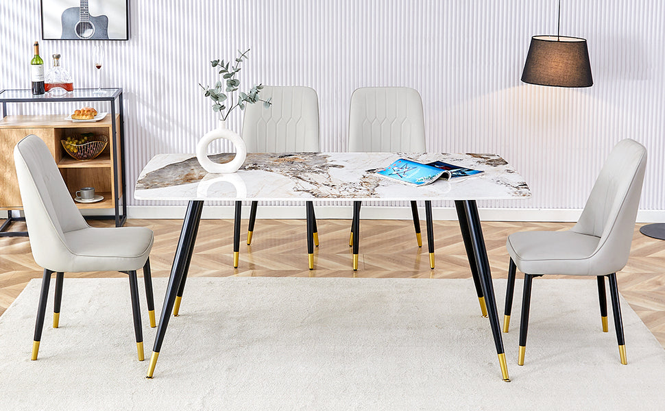 Modern Minimalist Dining Table. Imitation Marble Patterned Stone Burning Tabletop With Black Metal Legs.Modern Dining Chair With Pu Artificial Leather Backrest Cushion And Black Metal Legs.F 001 C 007 Black Gold Sintered Stone