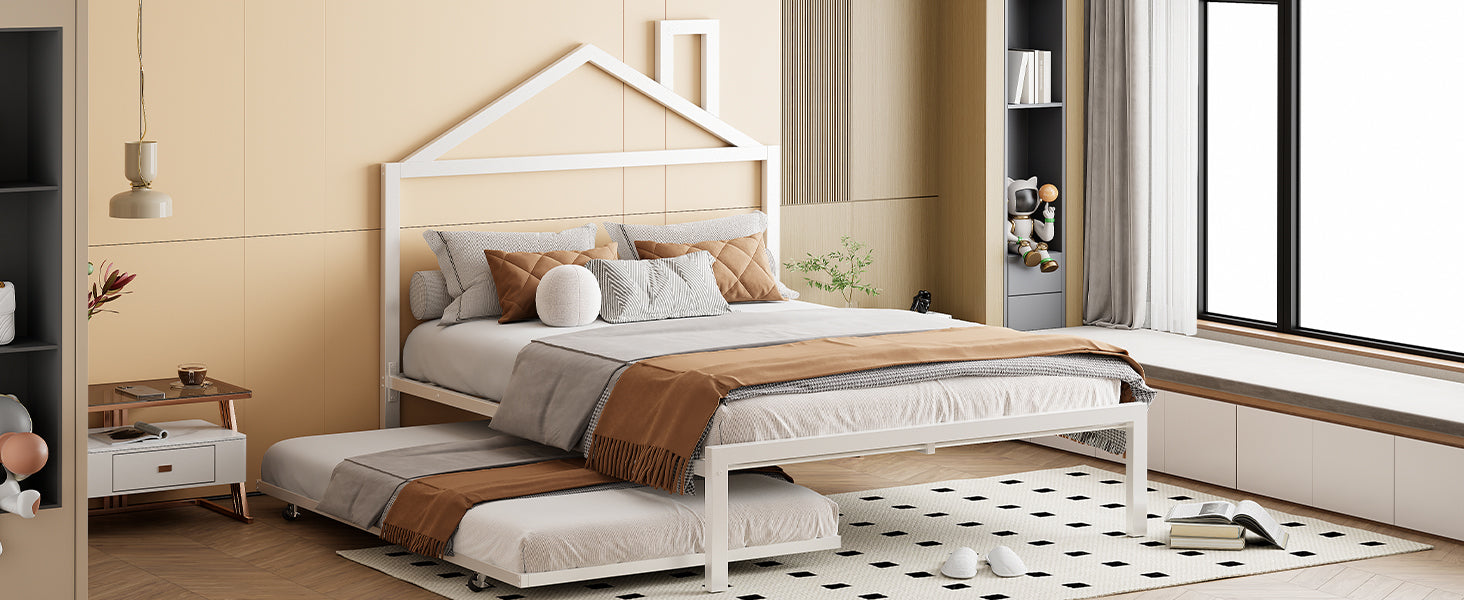 Full Size Metal Platform Bed With Twin Size Trundle,House Shaped Headboard Design, White Full White Metal