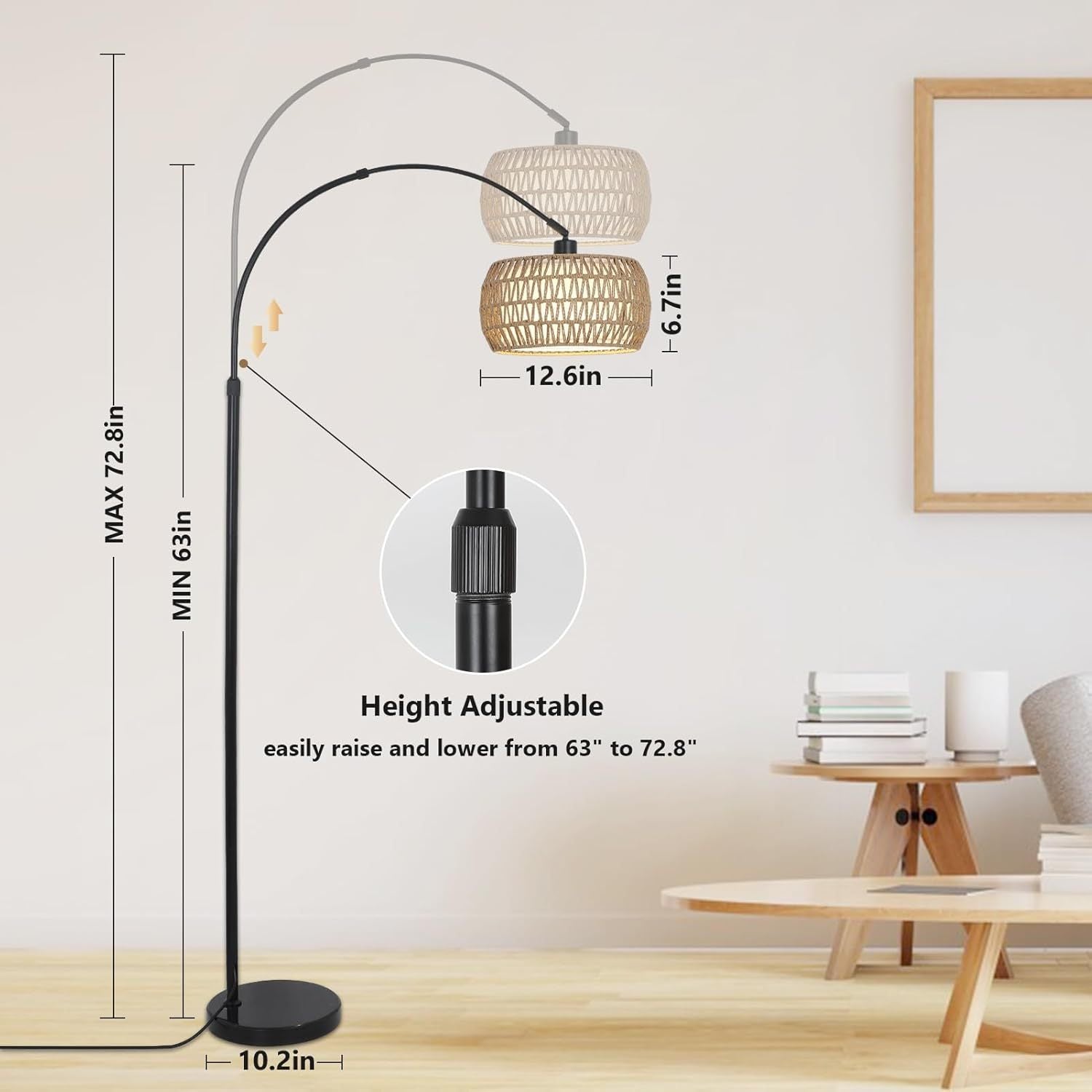 Arc Floor Lamps For Living Room With 3 Color Temperatures, Black Standing Lamp With Remote & Dimmable Led Bulb, Rattan Boho Floor Lamp, Farmhouse Tall Lamp For Bedroom, Over Couch Arched Reading Light Brown Black Rattan Metal