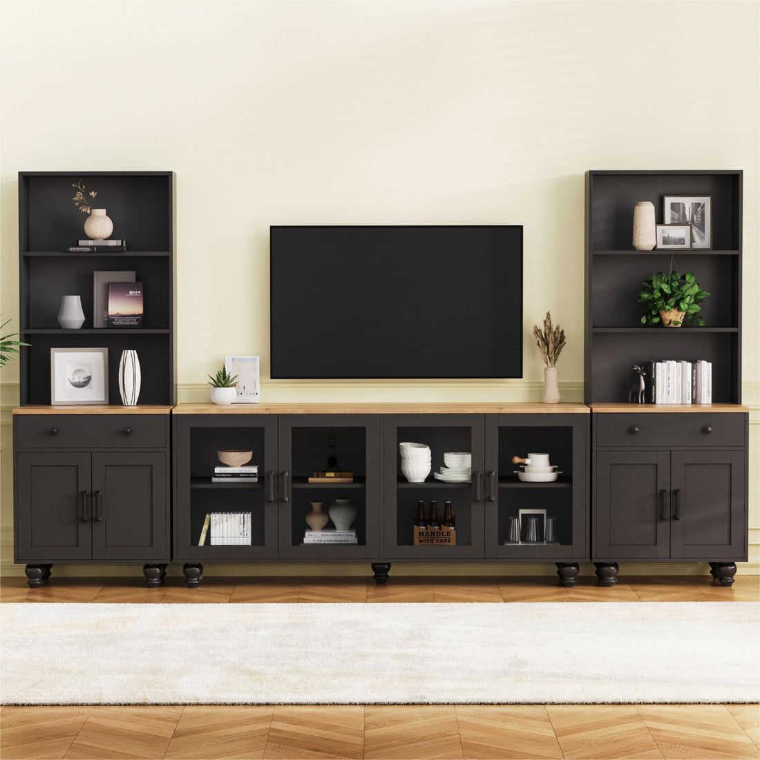 Farmhouse Tv Stand With Solid Wood Gourd Shaped Legs For Tvs Up To 70", Entertainment Center With Bookshelves & Tempered Glass Doors, Media Console With Adjustable Shelves, Living Room, Black Black