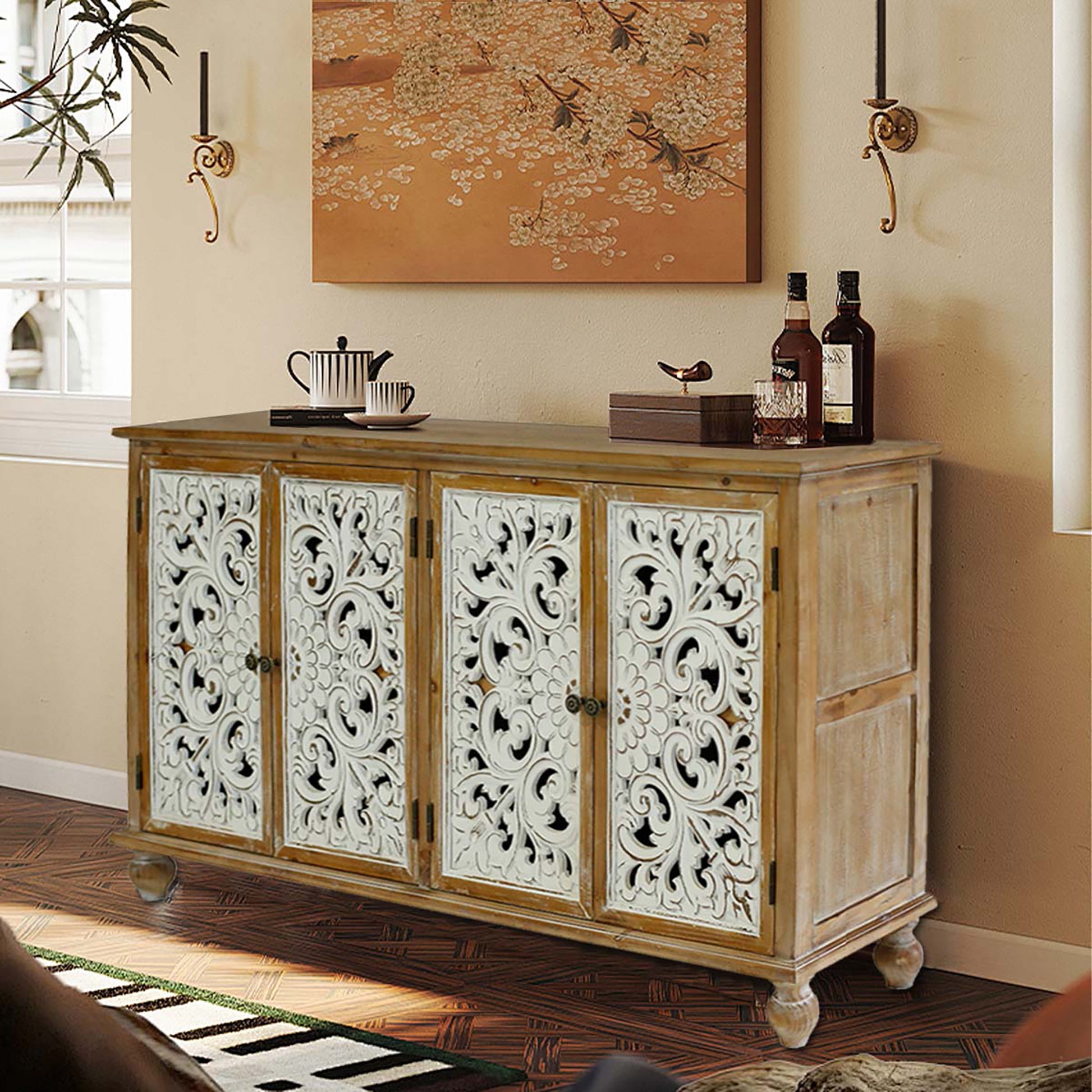 Accent Cabinet With 4 Doors, Farmhouse Sideboard Buffet Cabinet With Storage, Modern Credenza Storage Cabinet With Wood Carved Floral Doors For Living Room, Dining Room, Entryway, Hallway, Kitchen Accent Chests 3 4 Spaces Painted Or Hand Painted Antique