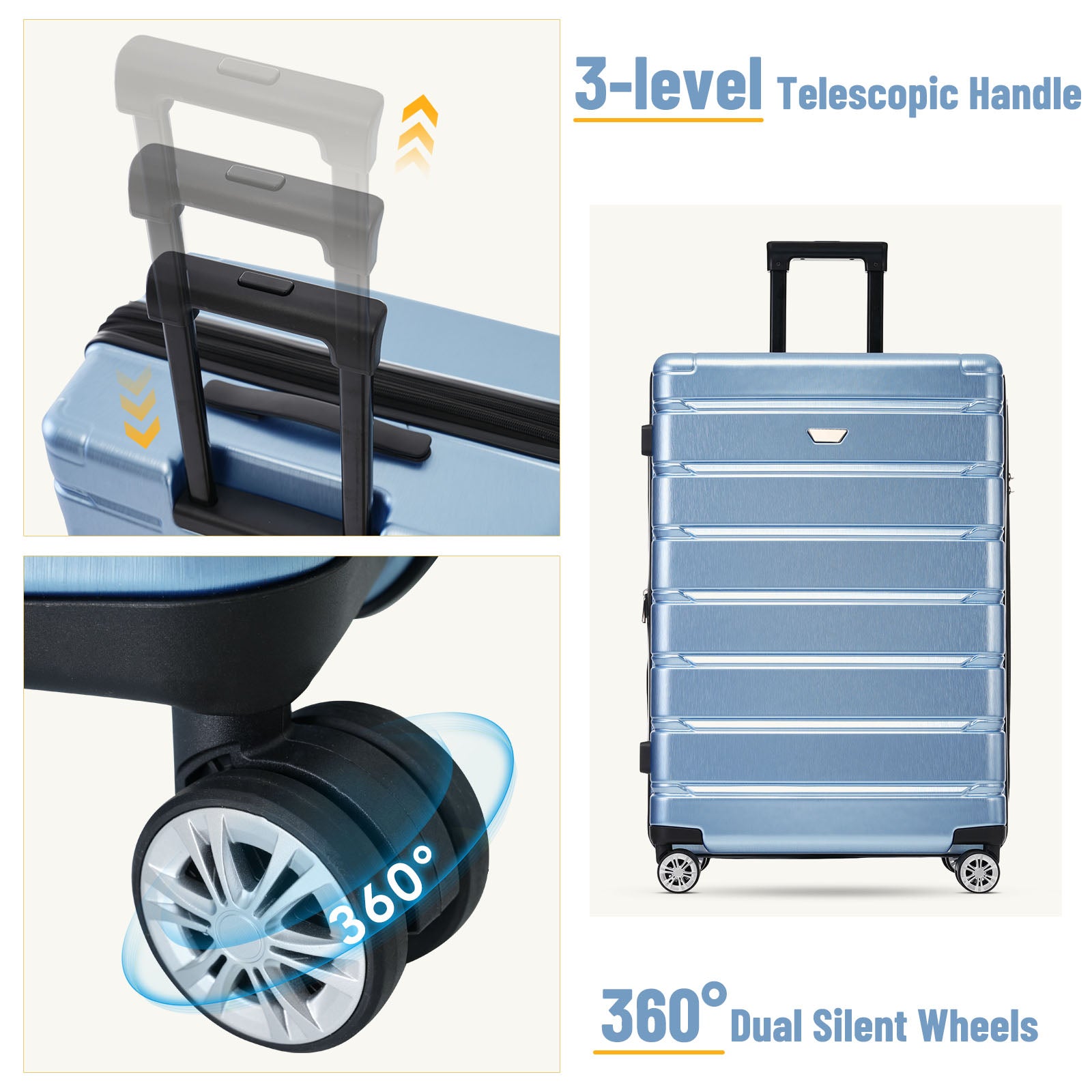 3 Piece Luggage Set Suitcase Set, Lightweight Durable Suitcase With Wheels And Tsa Lock, Expandable Travel Family Luggage For Men Women 20" 24" 27" Blue Abs Pc