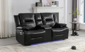 3 Seater Home Theater Recliner Manual Recliner Chair With A Led Light Strip Two Built In Cup Holders For Living Room,Bedroom, Black Black Foam Pu