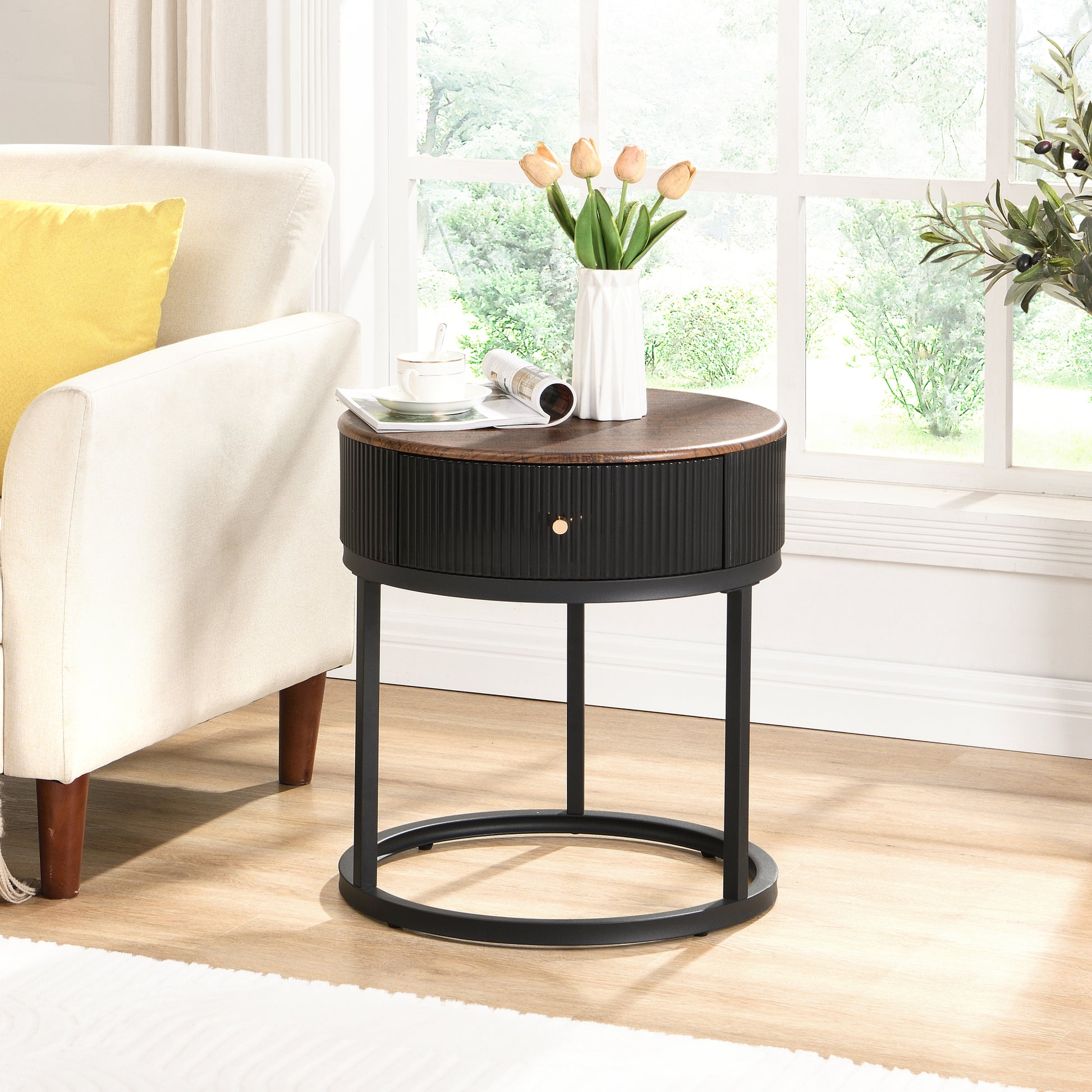 Round Nightstand With Drawer, 19.68 Inch Wood End Table With Storage, Small Table Or Living Room, Bedroom And Small Spaces Black Coffee & End Tables Iron