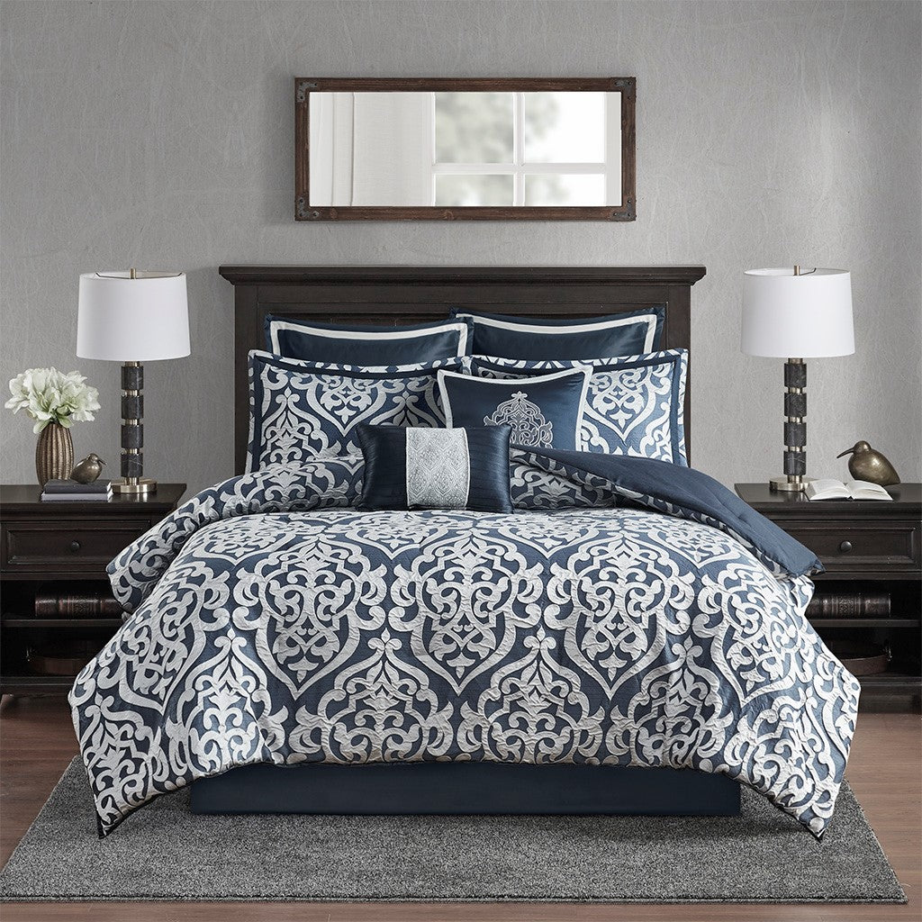 8 Piece Jacquard Comforter Set Navy Silver Cal King California King Navy Silver Polyester