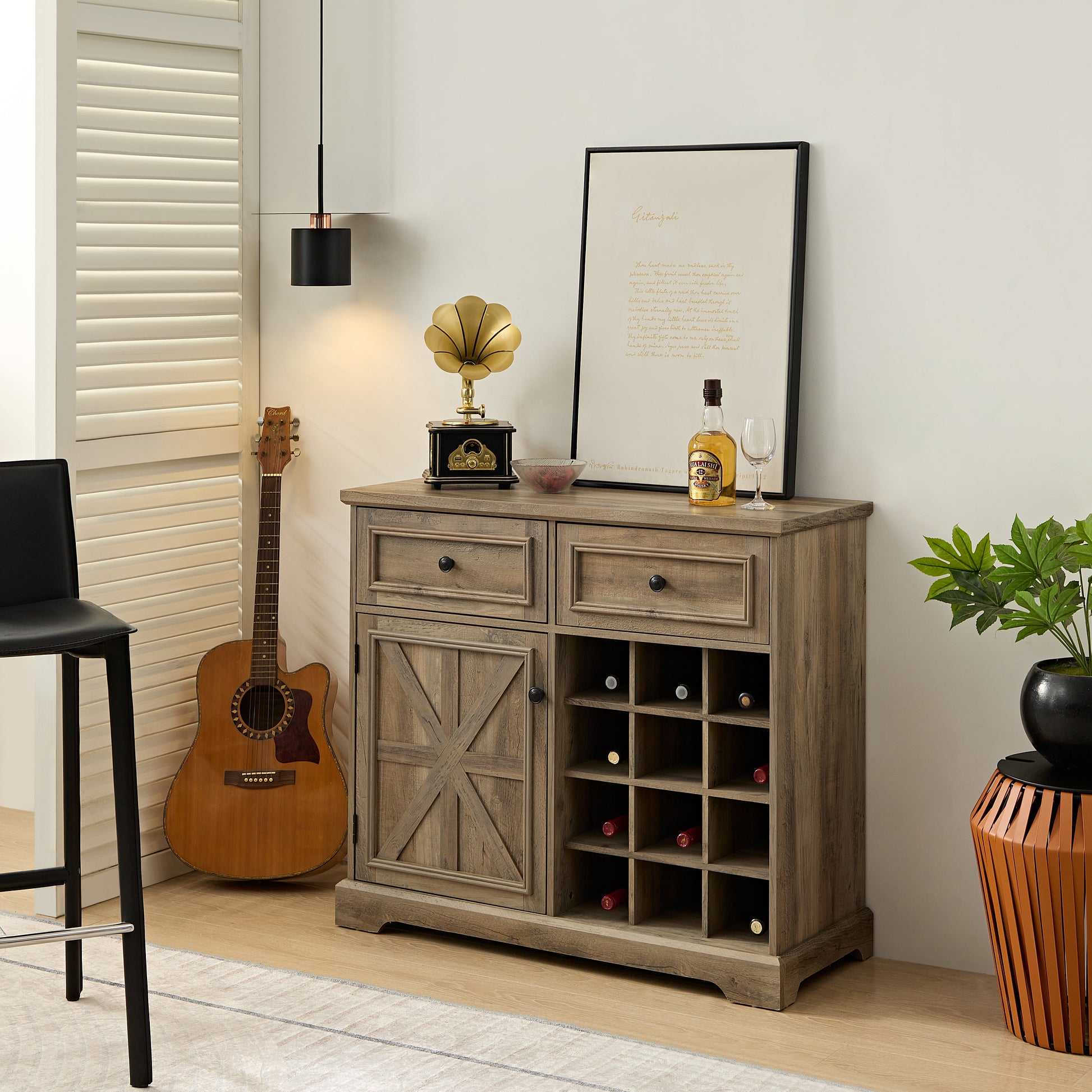 Farmhouse Liquor Cabinet Bar Cabinet With 2 Drawers, Wine Bar Cabinet With Removable Wine Racks Storage Shelves, Cupboard For Kitchen, Dining Room, Gray Wash L39.37''*W15.7"*H34.65" Gray Wash Mdf