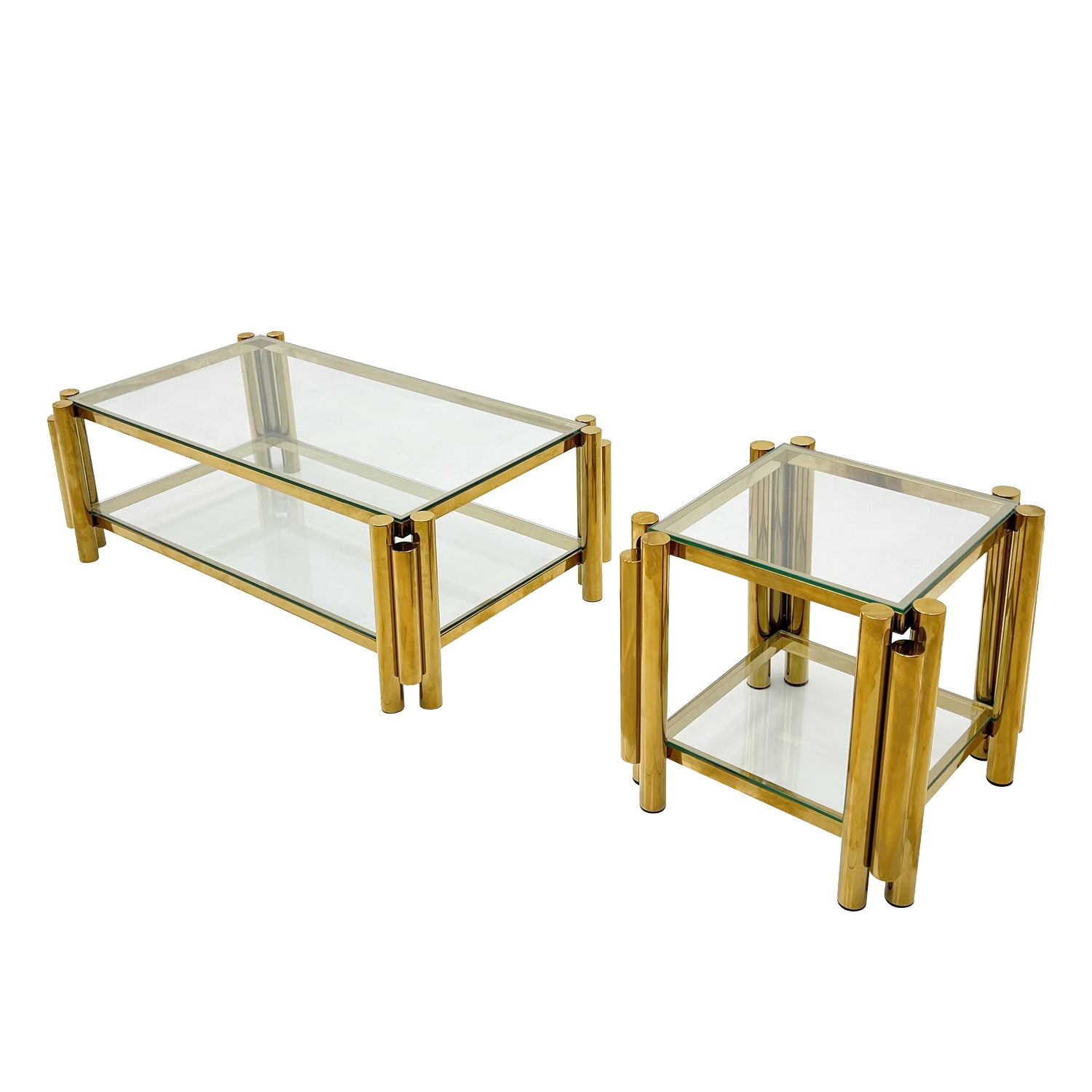 Modern Stainless Steel Coffee Table Set Set Of 2 , Double Layer Clear Tempered Glass Table Top, Coffee Table & End Side Table 2 Pieces Sets For Living Room Home Office, Gold Clear,Gold Modern Open