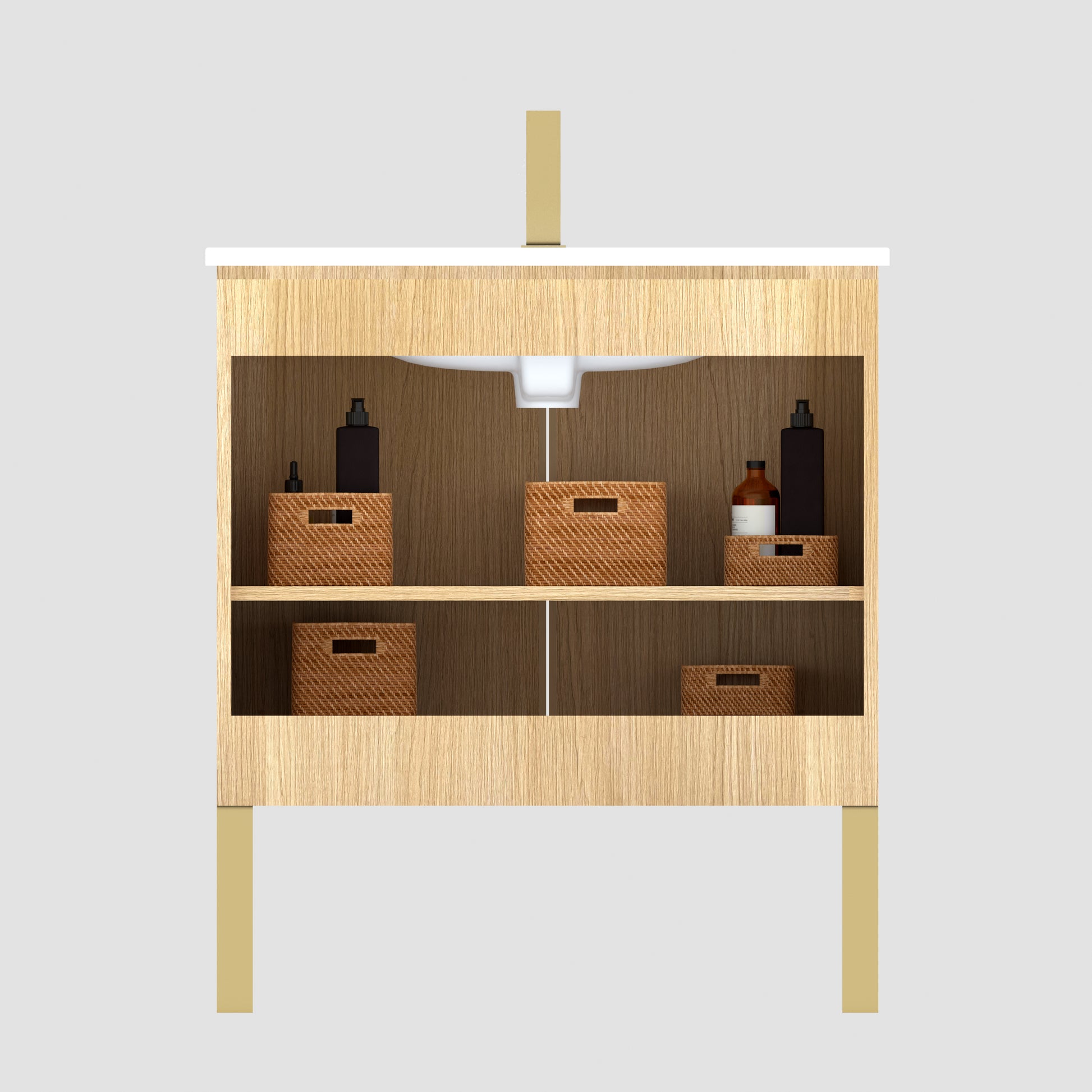 U093 Dalia30F 107 30" Freestanding & Wall Mounted Light Wood Bathroom Vanity With Ceramic Sinklarge Storage Vanity 2 Doors And Metal Support For Modern Bathrooms, Kd Light Oak Bathroom Modern Plywood