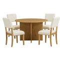 Modern 5 Piece Round Dining Table Set Pedestal Kitchen Table Set With 4 Upholstered Dining Chairs For Studio, Apartment, Small Places, Natural Wood Dining Room Solid Wood Rubberwood Round Dining Table With Chair Wood Wood Natural Solid Back Seats 4