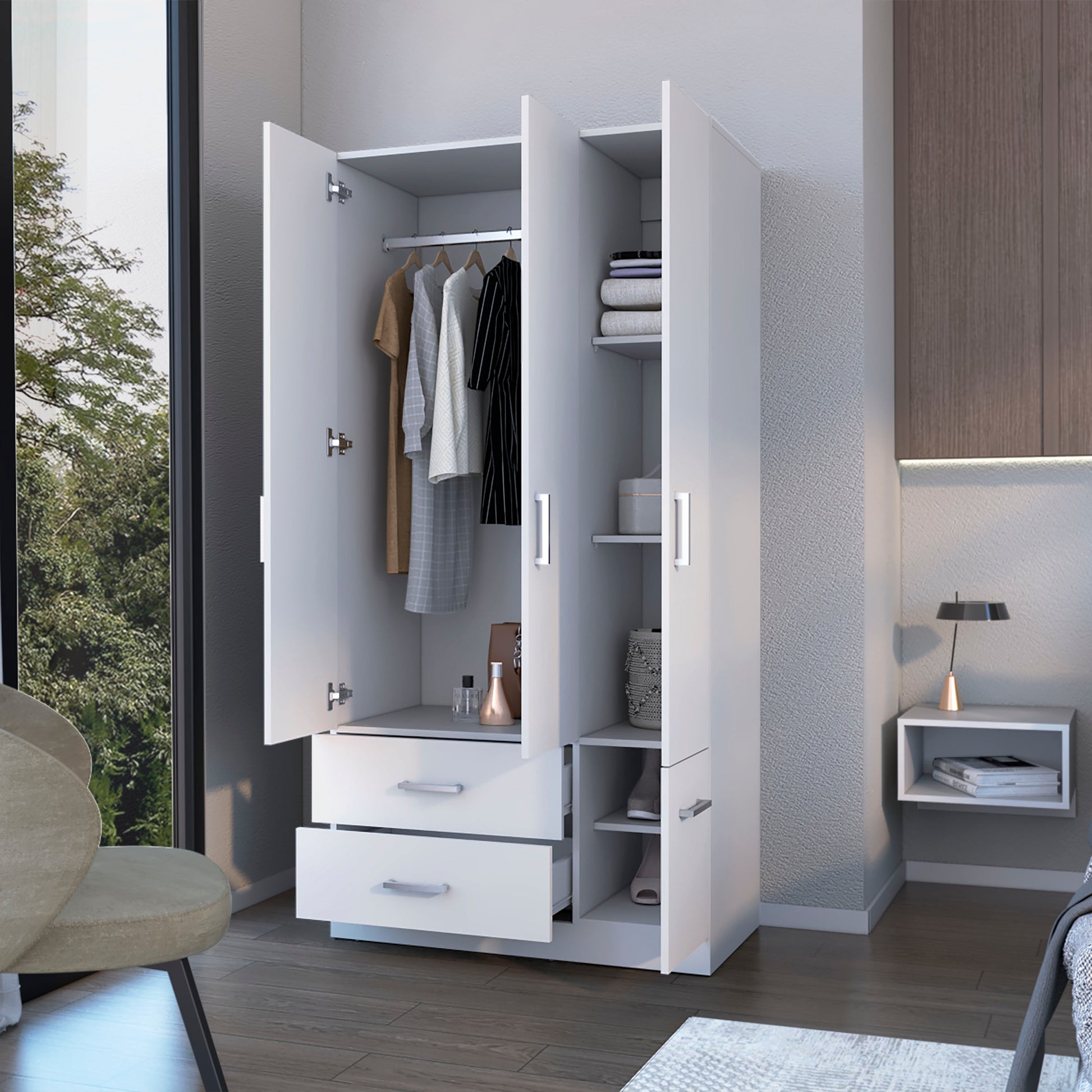 Douglas Armoire In Melamine, Two Drawers, Hanging Rod And 4 Doors. White Bedroom Contemporary Particle Board Melamine