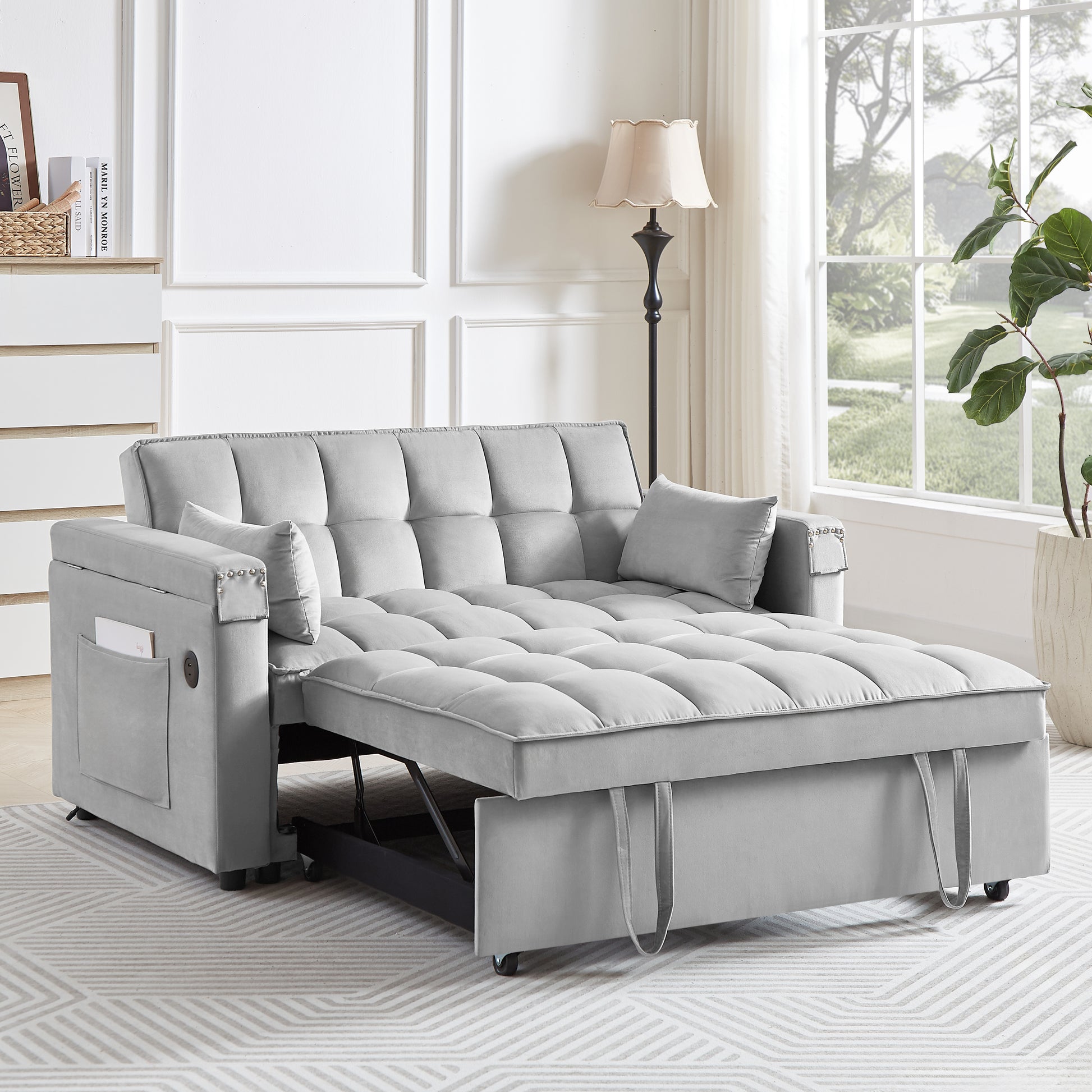 Convertible Sofa Bed, 3 In 1 Multi Functional Velvet Sleeper Couch Pull Out Bed, 48'' Loveseat Chaise Lounge With Adjustable Backrest And Pillows, Hidden Side Table For Living Room, Small Space, Grey Grey Velvet 2 Seat