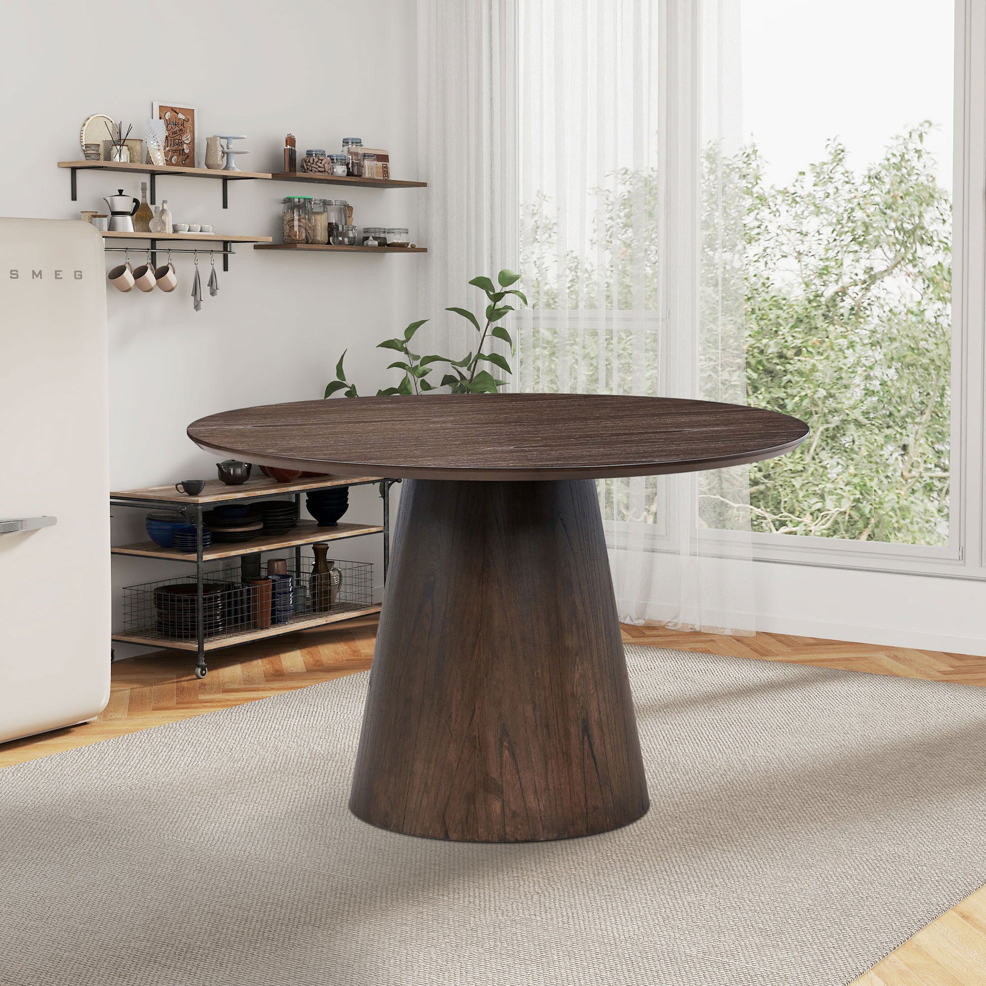 47.24'' Round Modern Style Mdf Wood Dining Table For Kitchen, Living Room, Cafe, Stylish Leisure Desk With Sturdy Cylindrical Base, For Small Spaces, Apartment,Brown Brown Mdf