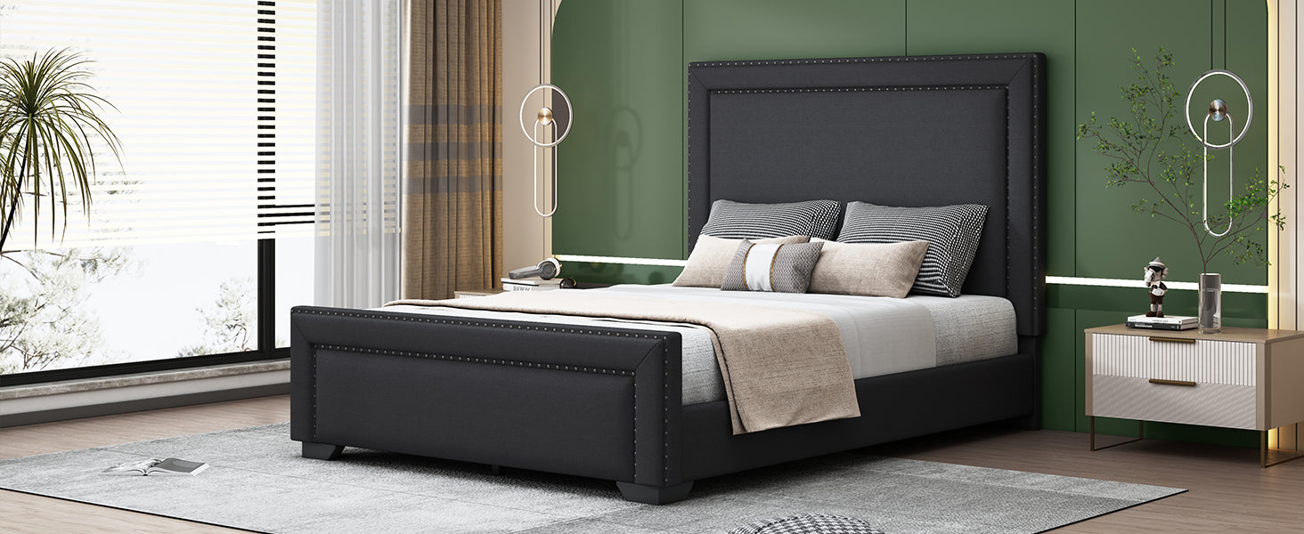 Queen Size Upholstered Bed ,Modern Upholstered Bed With Wooden Slats Support, No Box Spring Needed, Easy Assembly, Black Box Spring Not Required Queen Black Plywood