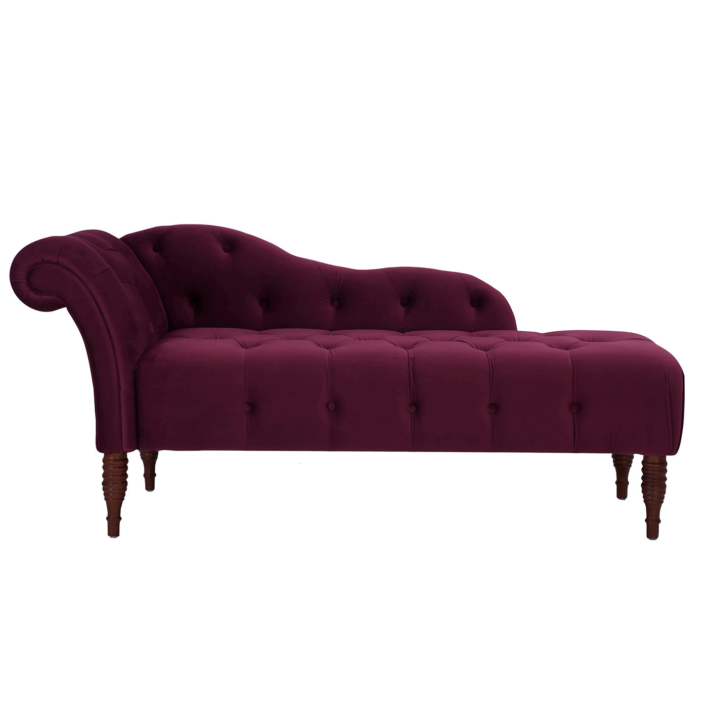 Samuel Tufted Roll Arm Chaise Lounge, Burdy Velvet Burgundy Foam Velvet