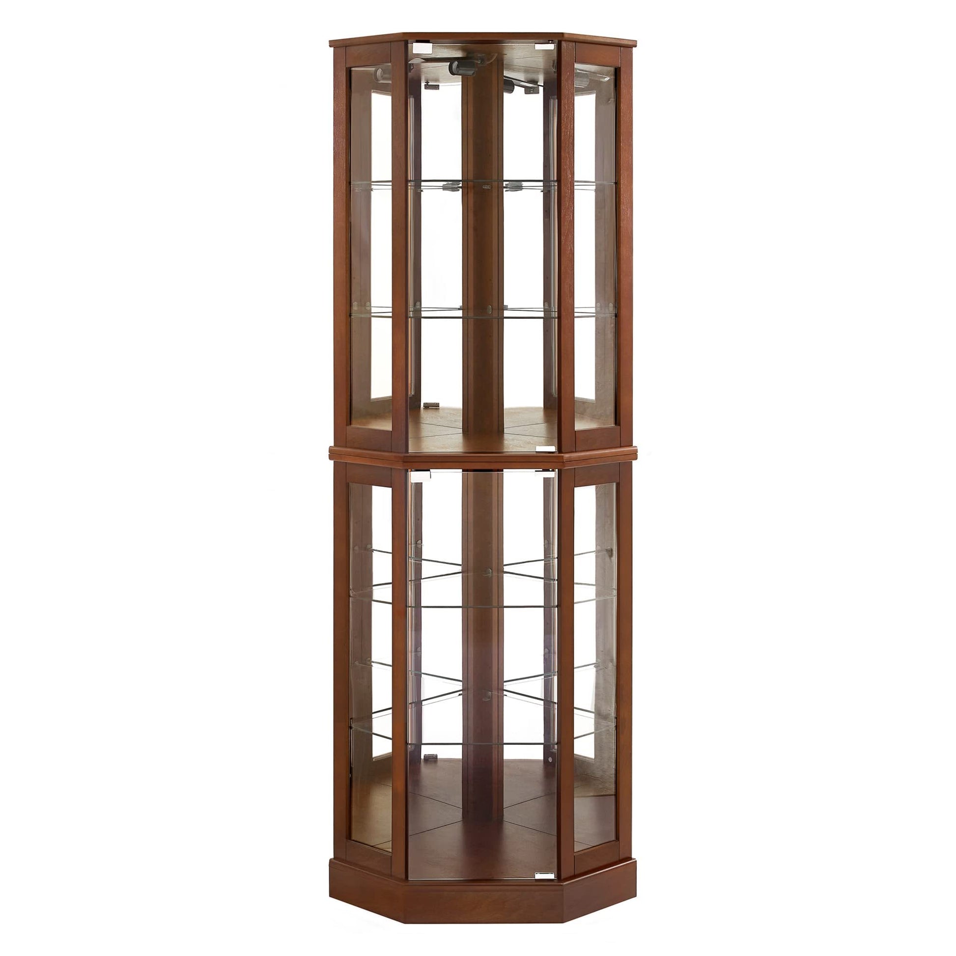 6 Shelf Corner Curio Display Cabinet With Lights, Mirrors And Adjustable Shelves, Walnut E26 Light Bulb Not Included Walnut Mdf