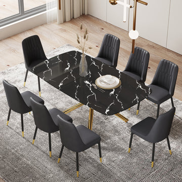 Large Modern Minimalist Rectangular Dining Table With 0.39 "Imitation Marble Black Tabletop And Golden Metal Legs, Paired With Chairs With Pu Cushions And Black Metal Legs. F 1537 C 007 Black Gold Glass Metal