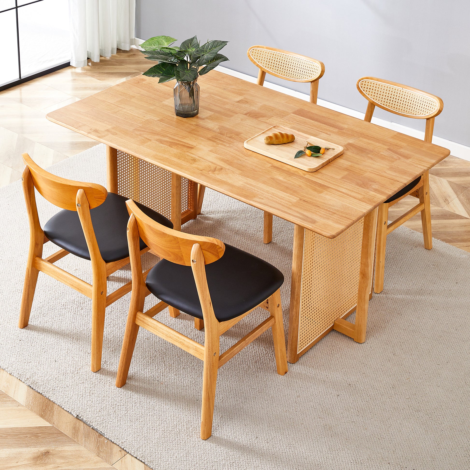 Table And Chair Set, Ancient Style Solid Wood Dining Table, Imitation Rattan Table Legs, Beautiful Simple Solid Wood Dining Chair, Perfect For Dinner, Meetings, Home And Office Decoration Wood Rubber Wood