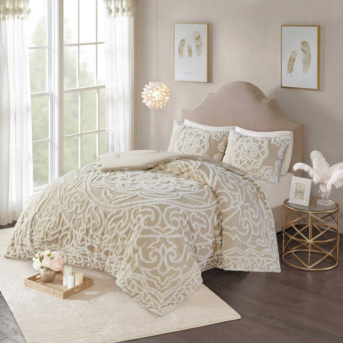 Tufted Cotton Chenille Medallion Comforter Set Taupe Full Queen Full Taupe Polyester