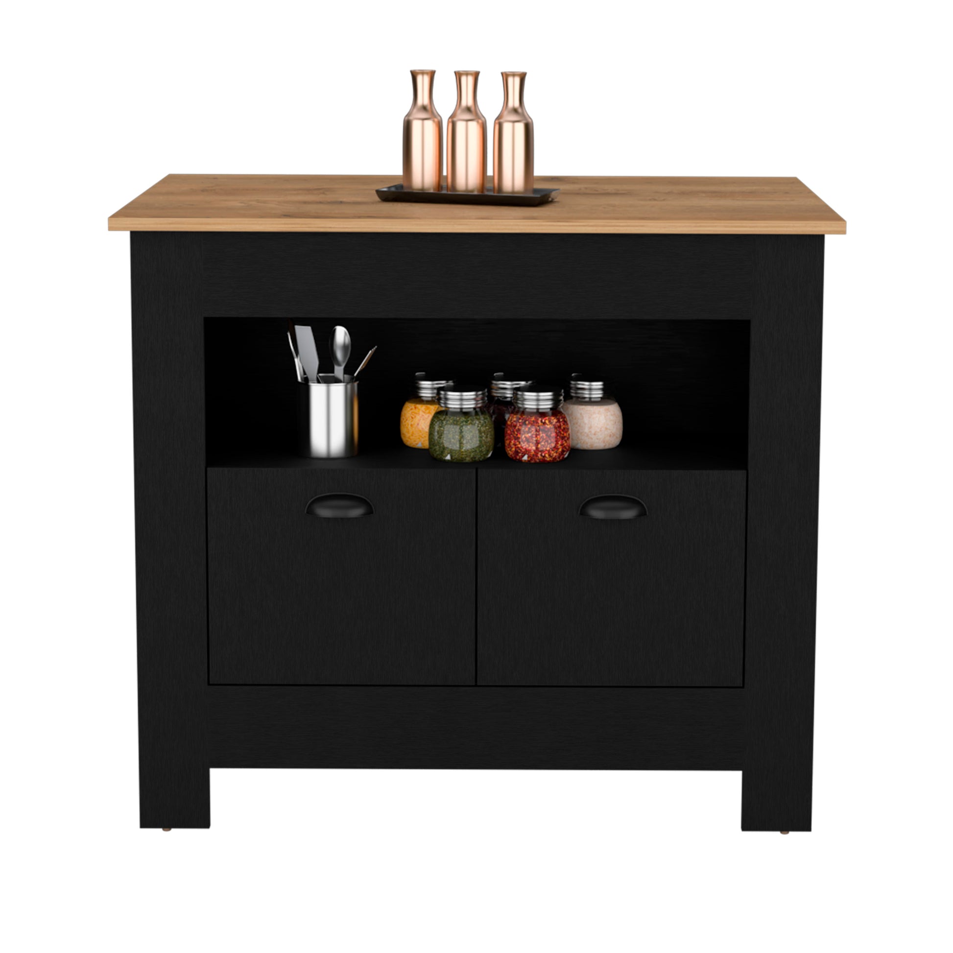 Floyd Kitchen Island 35" H, Whit 2 Doors, 3 Shelves, Black Macadamia Black Solid Wood Mdf Engineered Wood