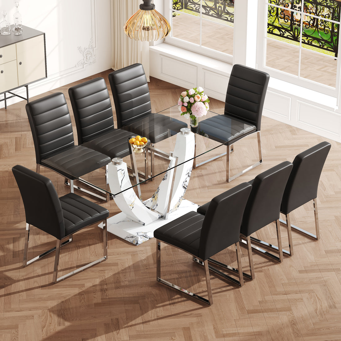 Table And Chair Set, Large Modern Rectangular Glass Table, Can Accommodate 6 8 People, Equipped With A 0.39 Inch Tempered Glass Tabletop And Mdf Table Legs.Paired With Comfortable And Soft Chairs. Black Mdf Glass