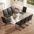 Table And Chair Set, Large Modern Rectangular Glass Table, Can Accommodate 6 8 People, Equipped With A 0.39 Inch Tempered Glass Tabletop And Mdf Table Legs.Paired With Comfortable And Soft Chairs. Black Mdf Glass
