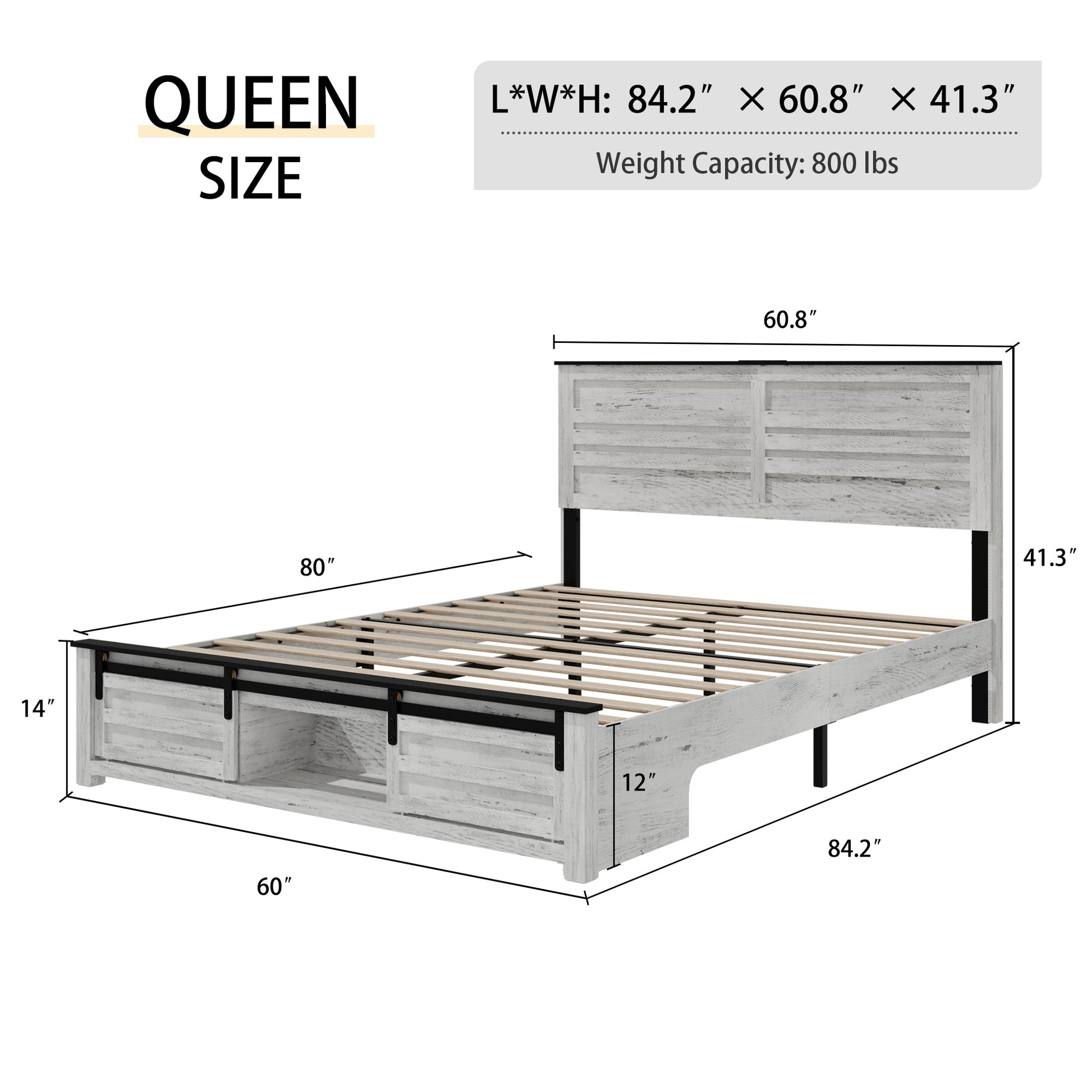 Queen Bed Frame With Upholstered Headboard And Wood Platform,Storage Headboard With Charging Station And Led, Bed Frame With Pet Bed,No Noise, No Box Spring Needed,Easy Assembly,Antique White Box