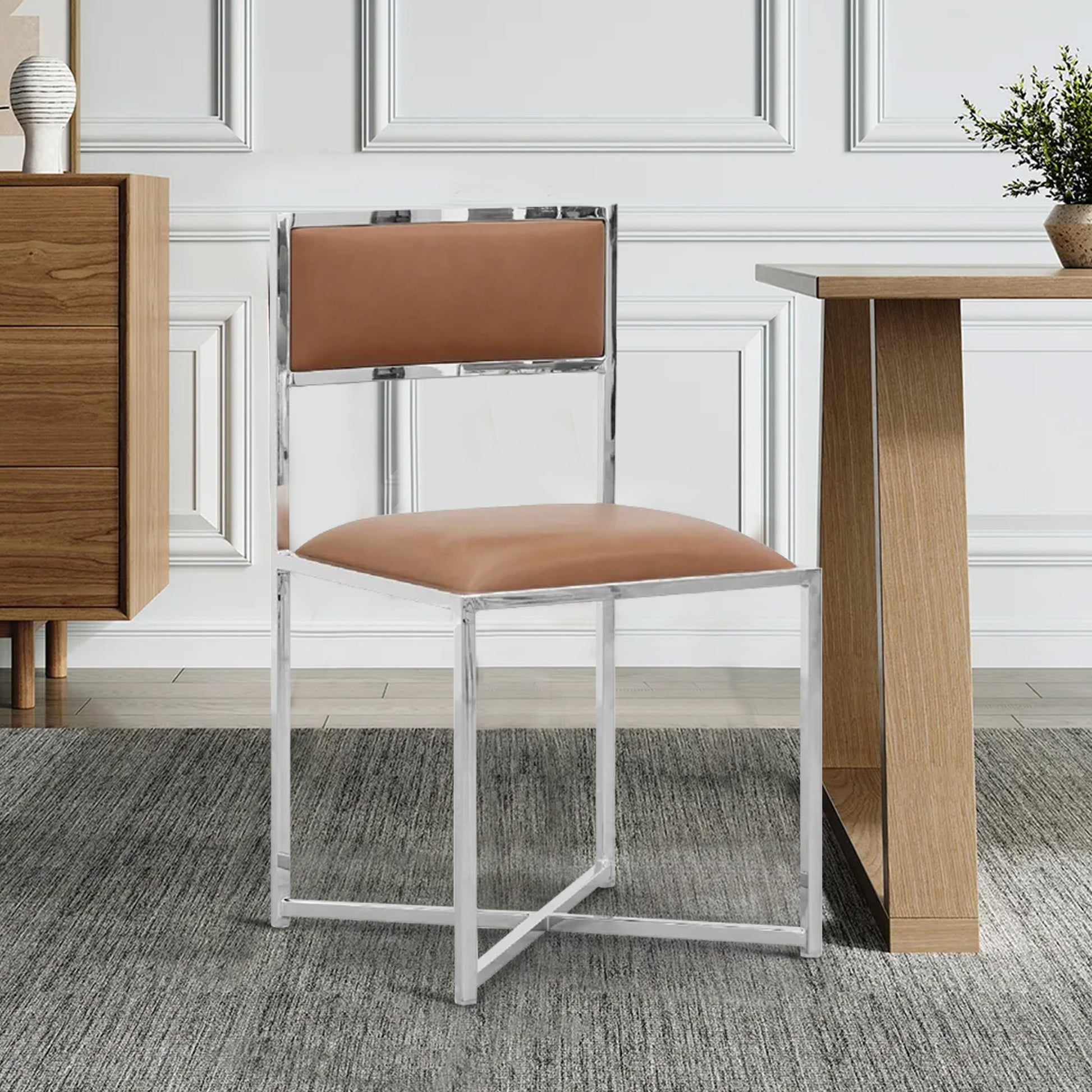 Eun 20 Inch Vegan Faux Leather Dining Chair, Chrome Base, Set Of 2, Brown Brown Metal