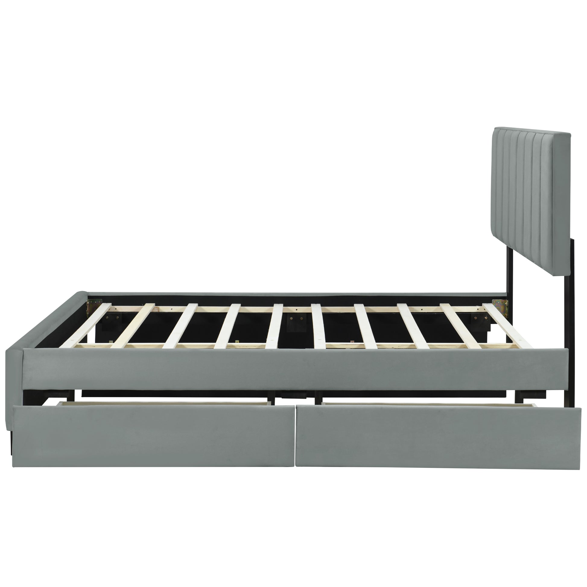 Queen Size Upholstered Platform Bed With 2 Drawers And 1 Trundle, Classic Metal Strip Headboard Design, Grey Queen Gray Mdf Lvl