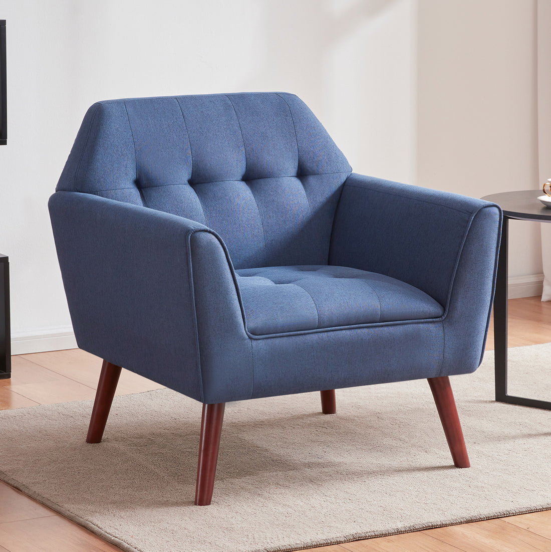 Accent Chairs For Bedroom, Midcentury Modern Accent Arm Chair For Living Room, Linen Fabric Comfy Reading Chair, Tufted Comfortable Sofa Chair, Upholstered Single Sofa Blue Solid Wood