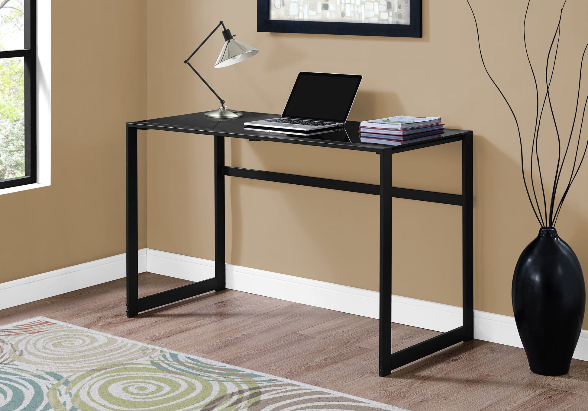 Computer Desk, Home Office, Laptop, 48"L, Work, Black Tempered Glass, Black Metal, Contemporary, Modern Black Tempered Glass