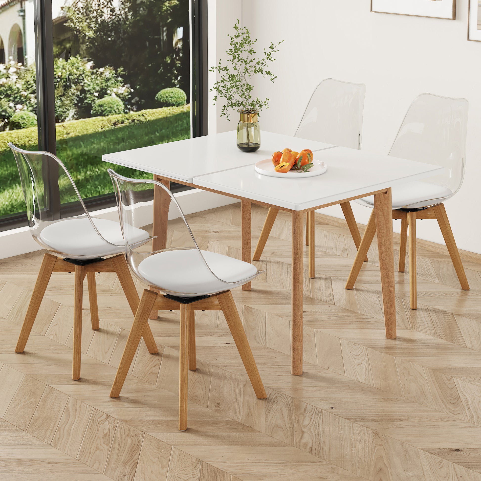 White Stone Burning Tabletop With Rubber Wooden Legs, Foldable Computer Desk, Foldable Office Desk,4 Modern Chairs Can Rotate 360 Degrees,The Seat Cushion Is Made Of Pu Material. Zd 1545Sc 003 White Sintered Stone