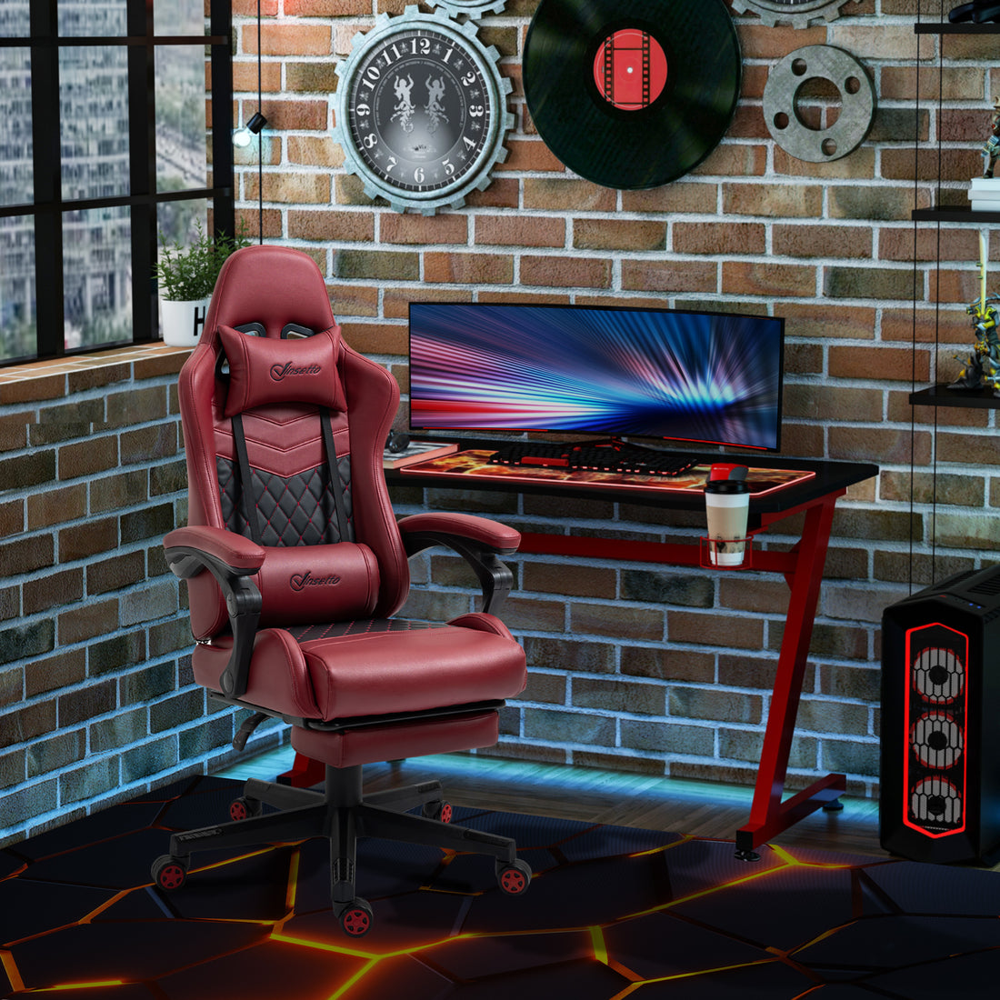 Vinsetto Racing Gaming Chair Diamond Pu Leather Office Gamer Chair High Back Swivel Recliner With Footrest, Lumbar Support, Adjustable Height, Red Red Pu