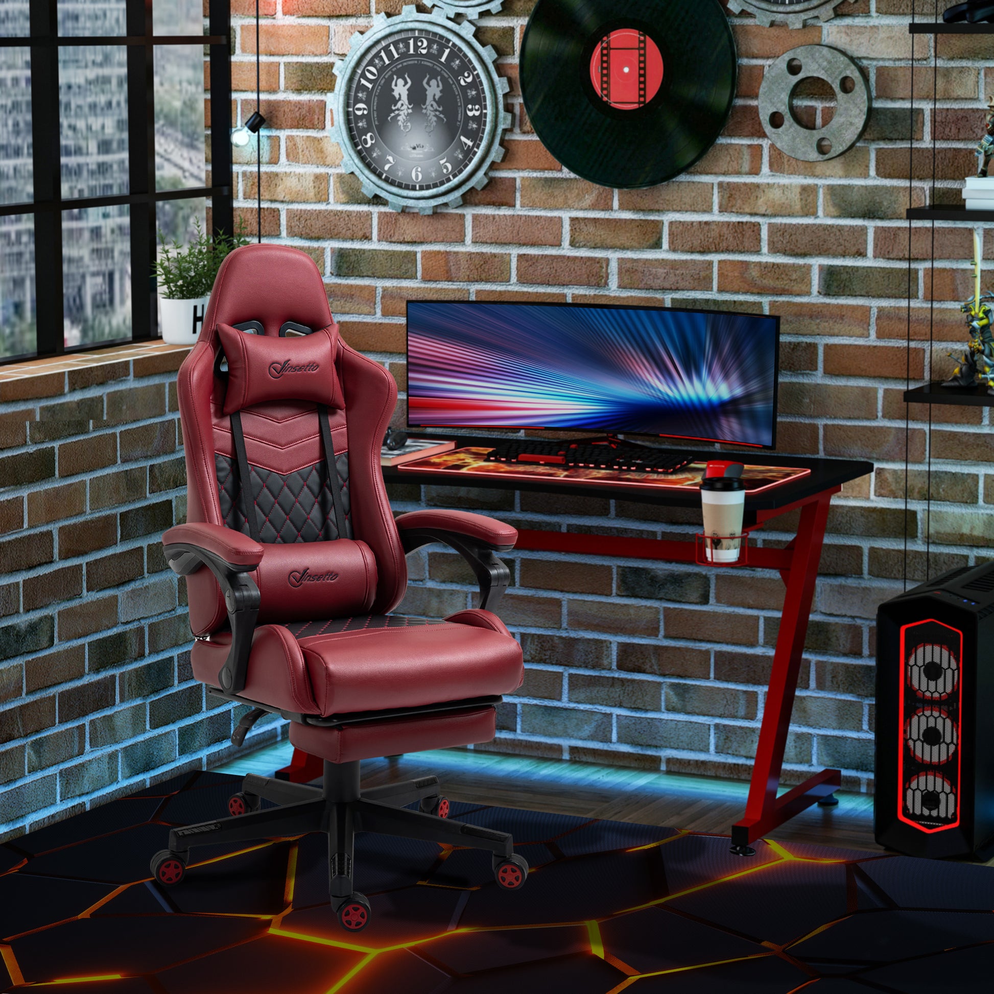 Vinsetto Racing Gaming Chair Diamond Pu Leather Office Gamer Chair High Back Swivel Recliner With Footrest, Lumbar Support, Adjustable Height, Red Red Pu