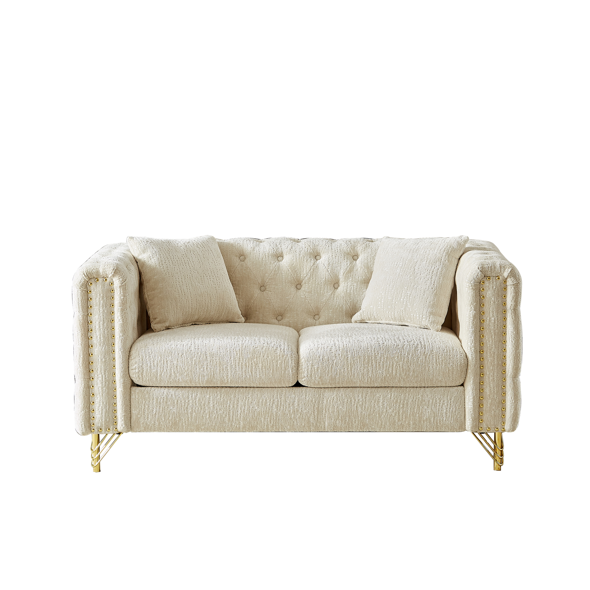 60 Inch Chenille Pull Buckle Design Sofa For Living Room,Buttons Tufted With Copper Nail Decoration Armrest, Modern Couch Upholstered Button And Metal Legs Beige Foam Chenille 2 Seat