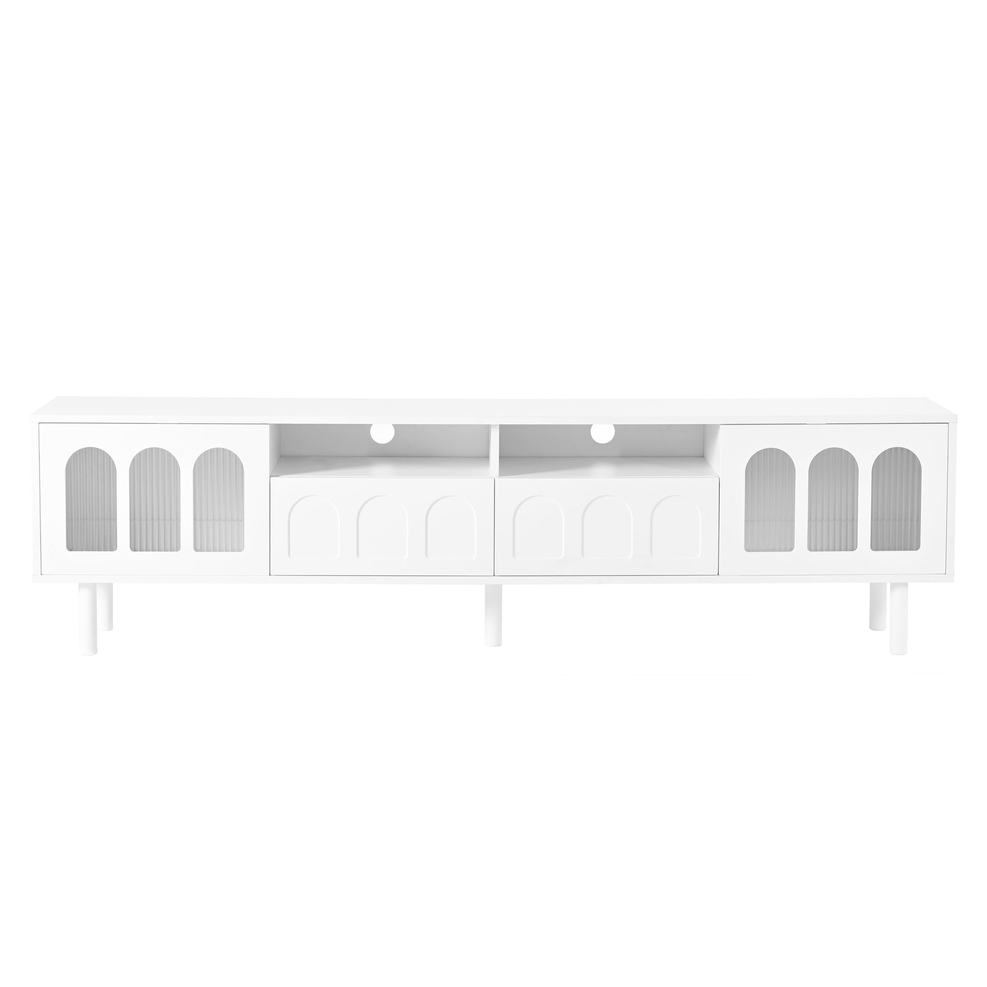 Cream Style Tv Stand With Led Light Strip For Tvs Up To 80'', Graceful Entertainment Center With 5 Solid Wood Legs, Large Storage Media Console With Fluted Tempered Glass Doors, White White 80 89 Inches Particle Board