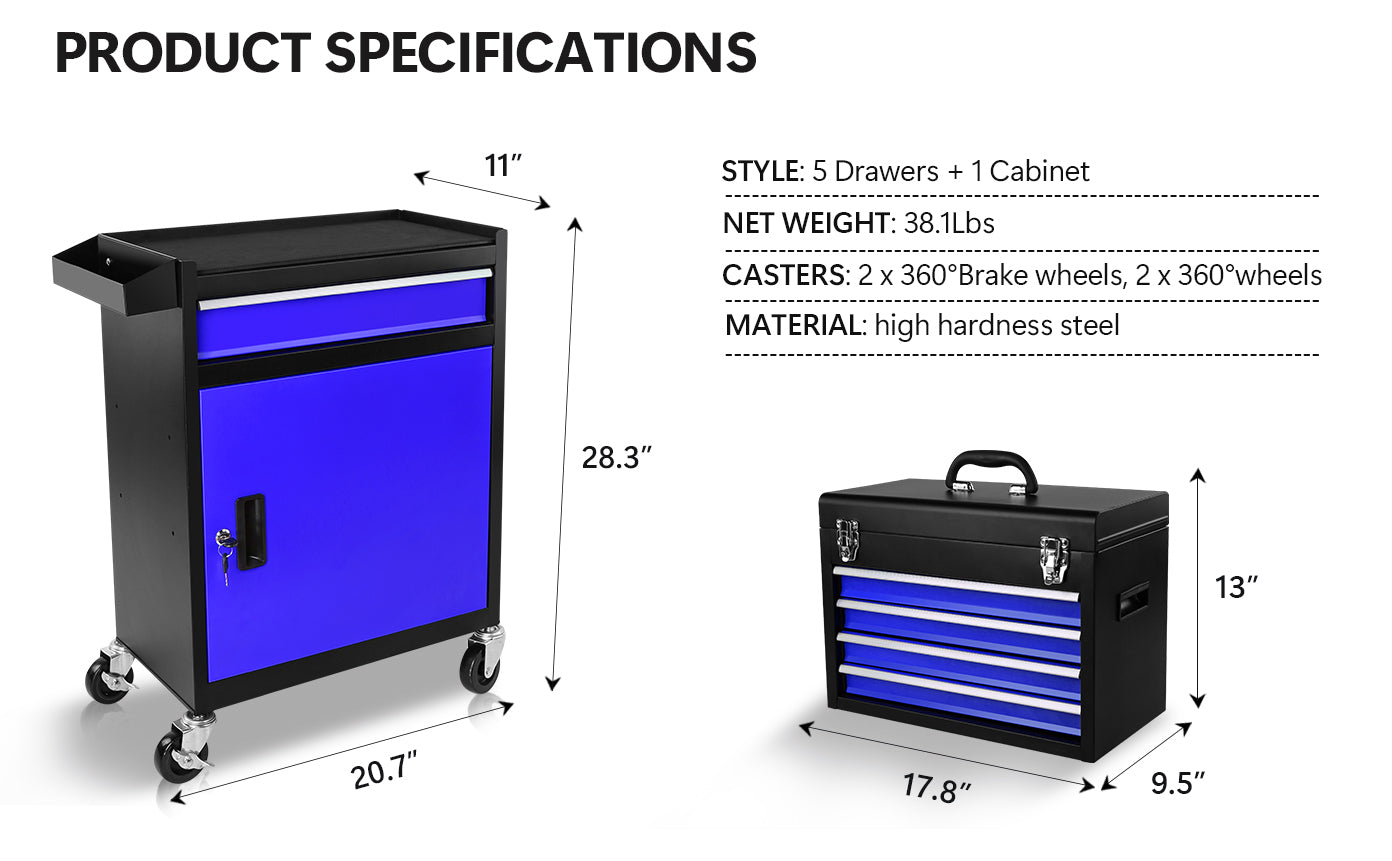 5 Drawer Rolling Tool Chest, High Capacity Tool Storage Cabinet W Lockable Wheels, Anti Slip Liner, Detachable Tool Box Organizer, Rolling Tool Cabinet Black Blue Steel