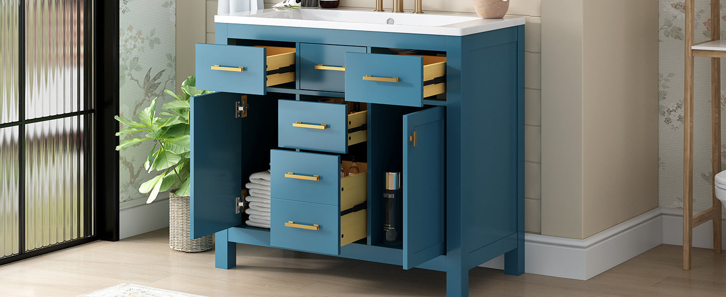 36'' Bathroon Vanity With Resin Sink Combo Set,Modern Freestanding Single Bathroom Cabinet With 4 Drawers & 2 Cabinets,Storage Cabinet For Bathroom, Solid Wood Frame Vanity Set Same As Sw000130Aac