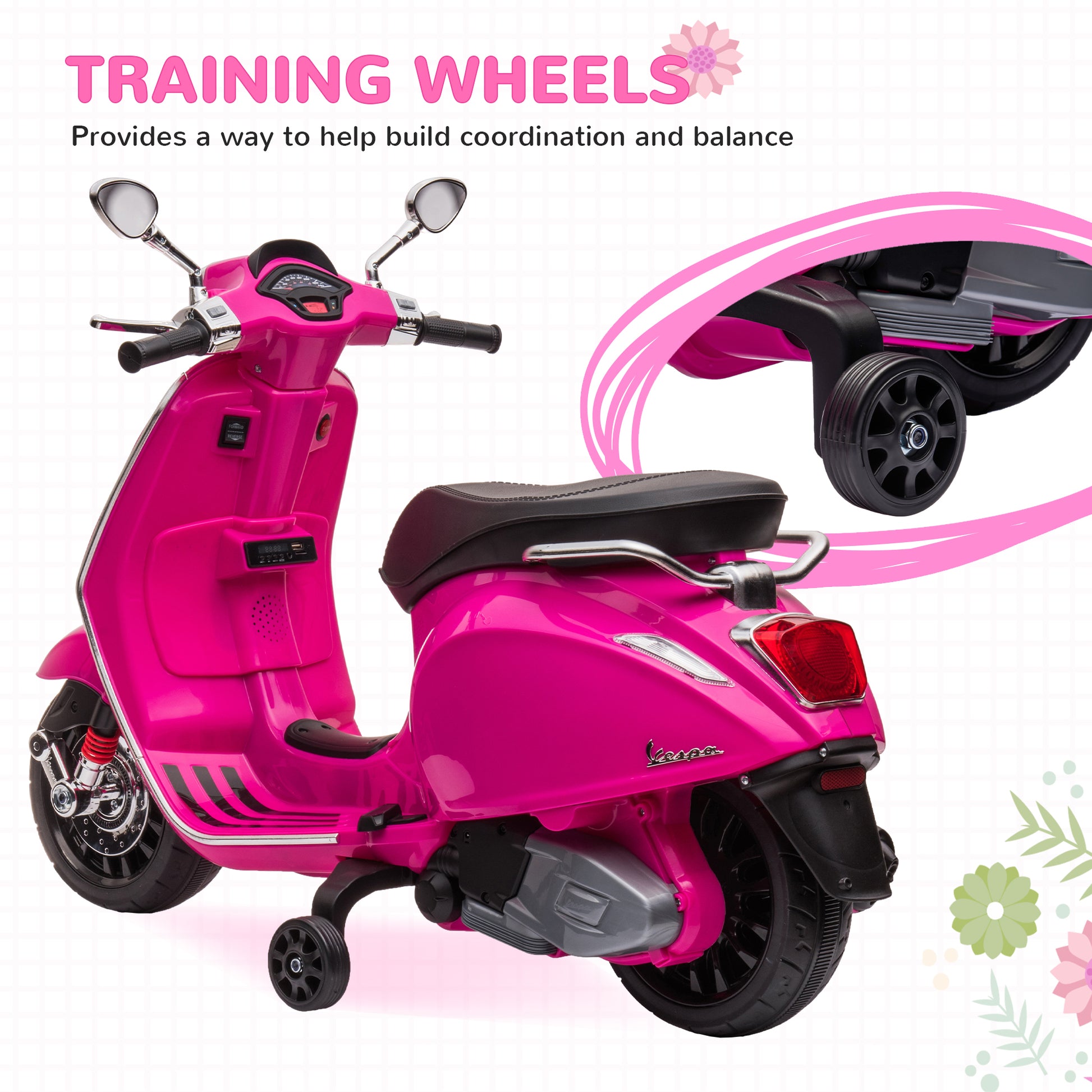Qaba Vespa Licensed Electric Motorcycle For Kids, 6V Toddler Motorcycle, Battery Operated Motorbike For Kids With Music, Fm Radio, Headlight, Single Button Start For 3 6 Years, Pink Pink Plastic
