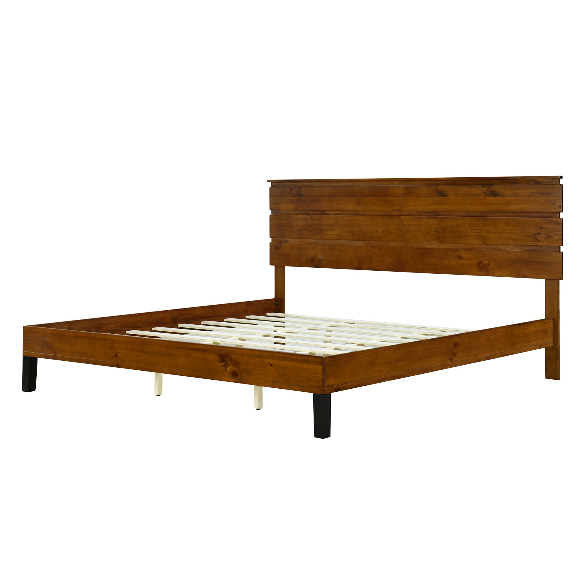 Mid Century Modern Solid Wood Bed Frame King Size Platform Bed With Three Piece Headboard Design, No Box Spring Needed, Brown King Brown Pine